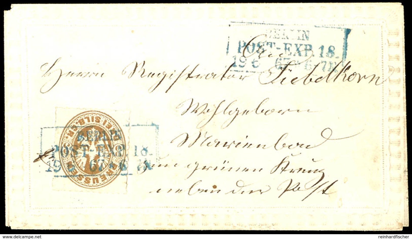 3 Silbergroschen Braun Mit Blauem Ra3 "BERLIN / POST-EXP. 18./13.6.67" Auf Farblos Geprägtem Zierbrief Mit Ank.-Stpl., K - Andere & Zonder Classificatie