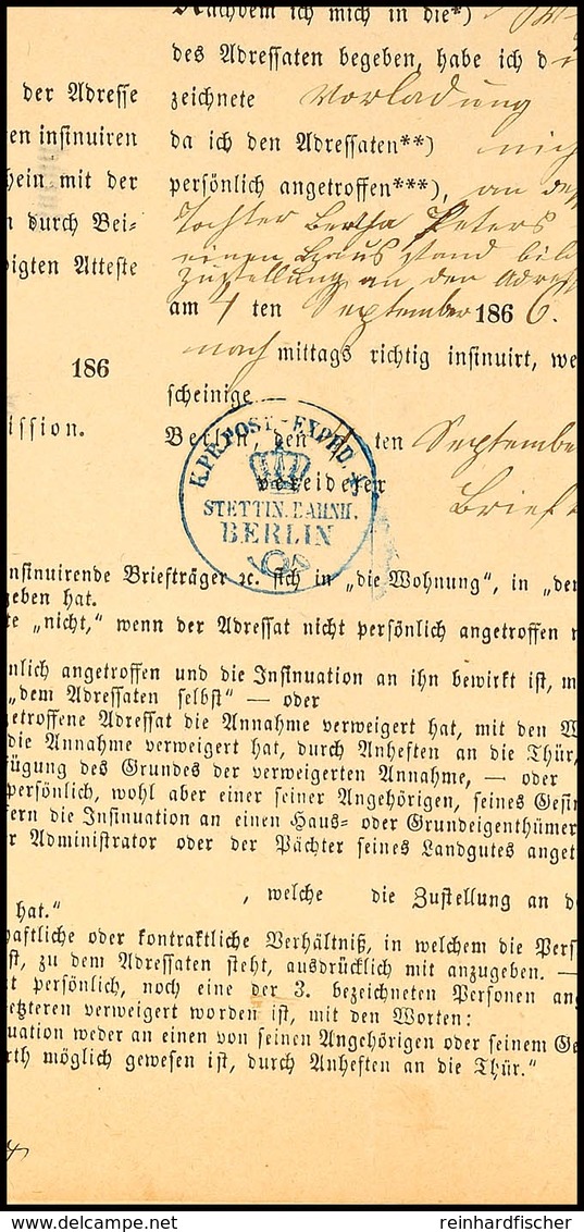 "BERLIN STETTIN.BAHN." - Blauer Krone/Posthorn-Stempel, Innenseitig In Einem Postbehändigungsschein Aus 1866  BF - Andere & Zonder Classificatie