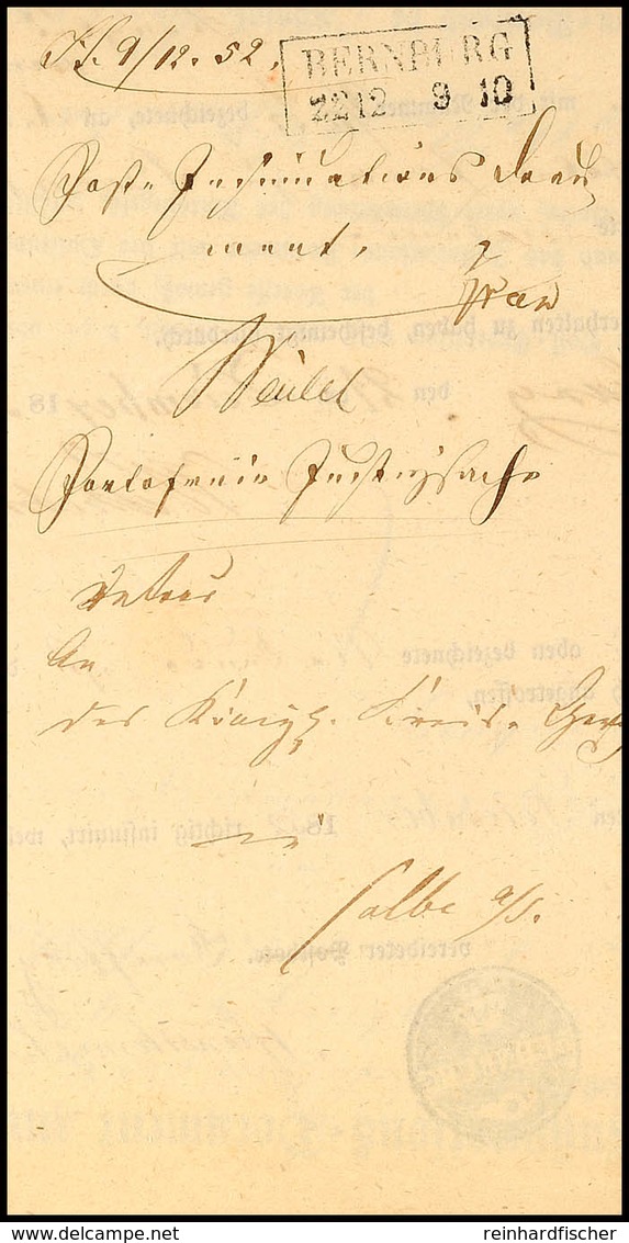 "BERNBURG 22 12 (1852)" - Ra2, Auf Postinsinuationsdokument, Innen Krone/Posthorn-Stempel  BF - Other & Unclassified