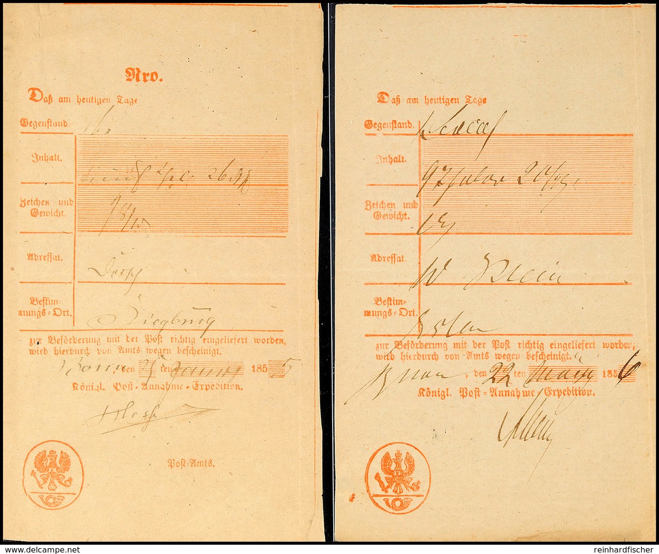 "Bonn" - Handschriftlich Auf Zwei Posteinlieferungsscheinen Aus 1855 Bzw. 1856  BF - Andere & Zonder Classificatie