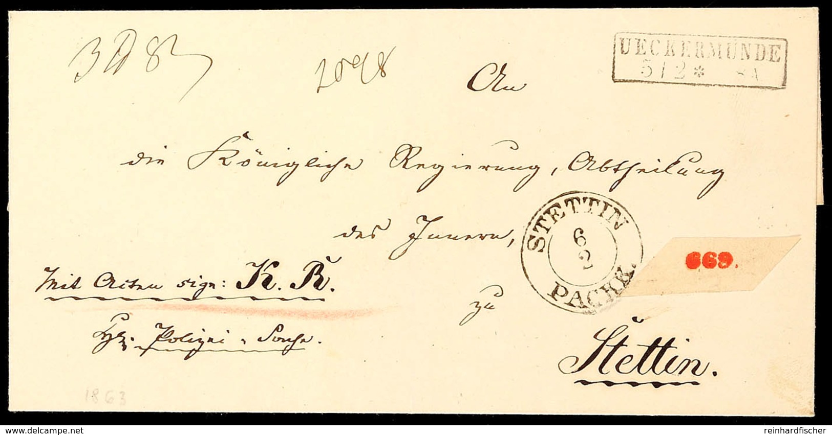 "UECKERMÜNDE 5/2 (1863)" - Ra2, Klar Auf Paketbegleit-Brief Für Ein 3 Pfund 8 Loth Schweres Paket Nebst Vermerk "Polizei - Other & Unclassified