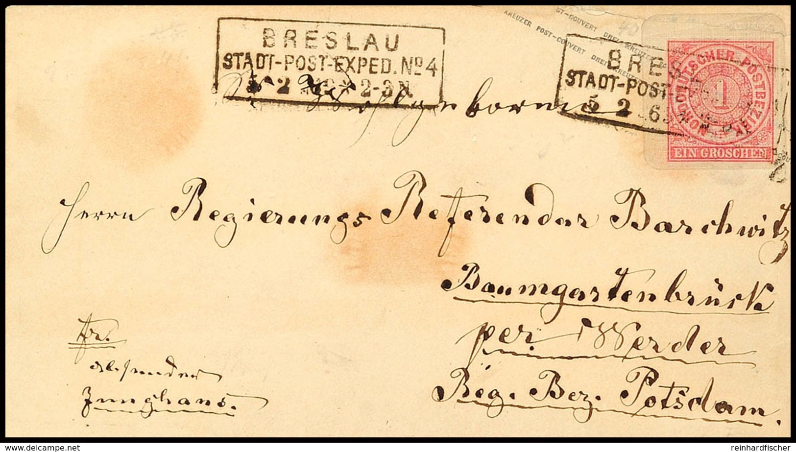 "BRESLAU STADT-POST-EXPED. No4 5 2 69" - Ra3, Auf GS-Aufbrauchsumschlag NDP 1 Gr. Auf Preußen 3 Sgr. Nach Baumgartenbrüc - Andere & Zonder Classificatie