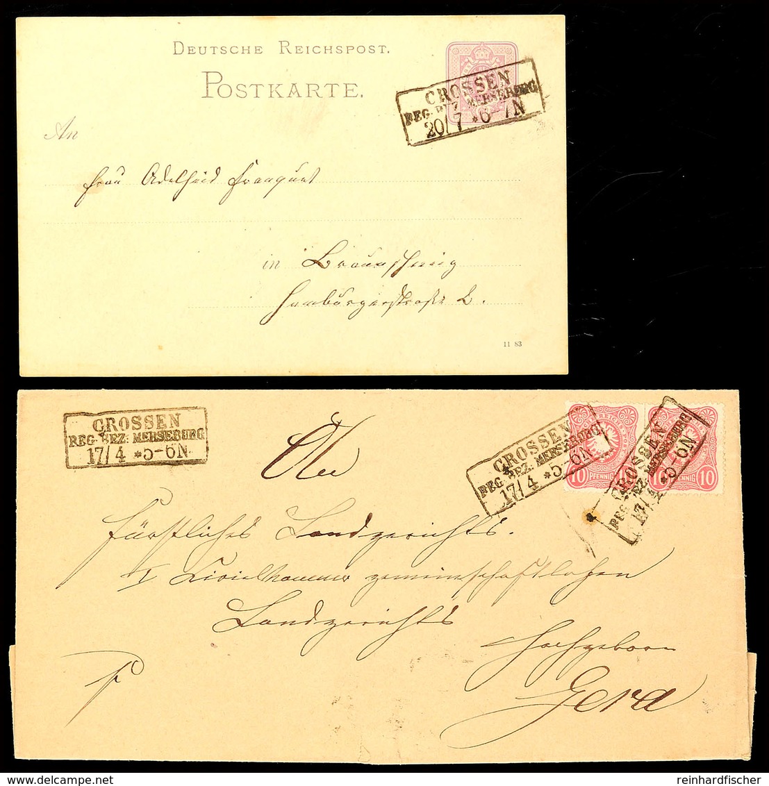 "CROSSEN REG. BEZ. MERSEBURG 20/7 (1884)" - Ra3, Auf GS-Postkarte DR 5 Pfg Sowie "CROSSEN REG. BEZ. MERSEBURG 17/4 (1884 - Andere & Zonder Classificatie
