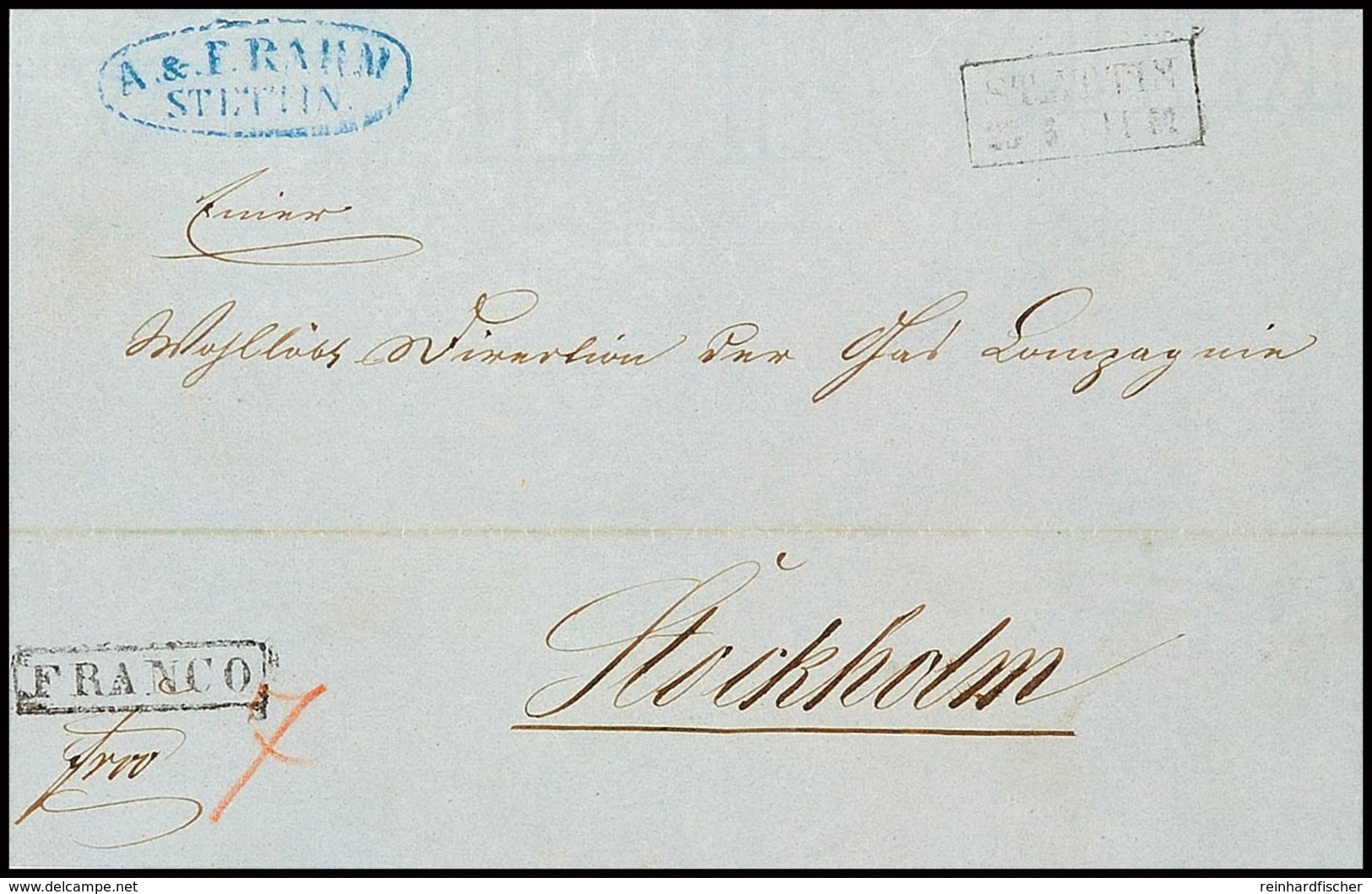 1857, Transit-Franco-Brief Mit Kleinem Ra2 "STETTIN 23 6 (1857)" Nebst L1 "FRANCO" Und Taxvermerk "7" (Sgr.) Nach Stockh - Andere & Zonder Classificatie