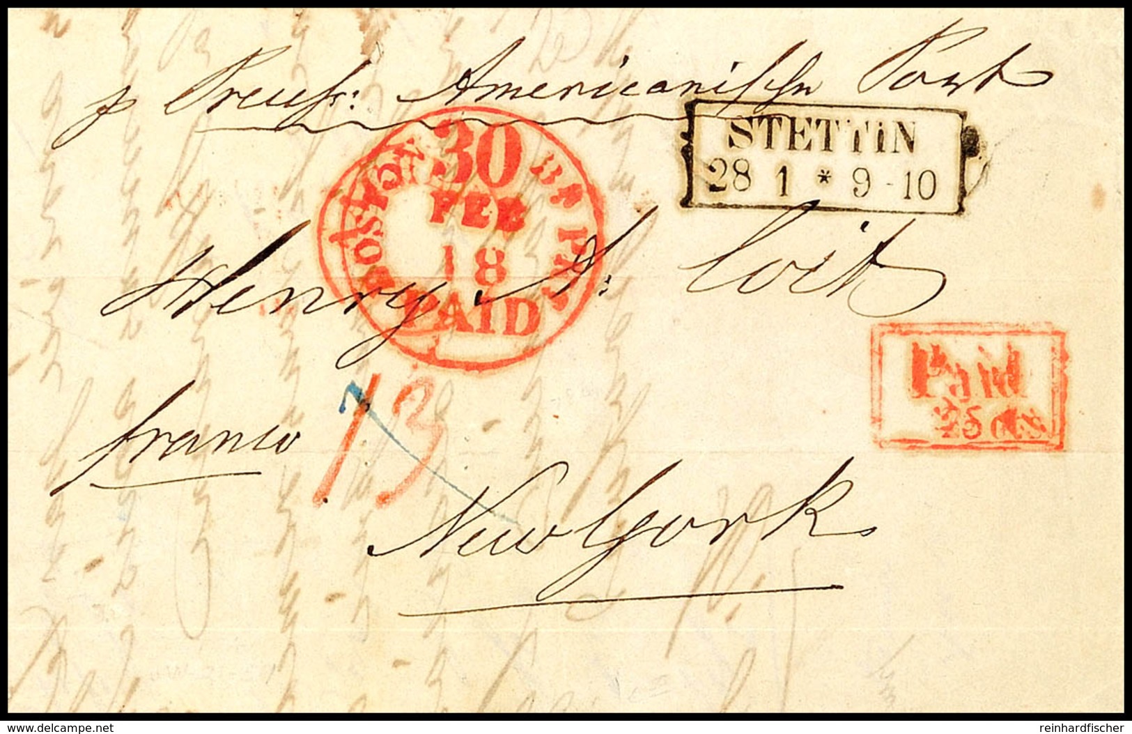 1854, Bar Bezahlter Transatlantikbrief Aus Stettin Mit Ra2 "STETTIN 28 1" Per Prussian Closed Mail Nach New York USA, Vo - Andere & Zonder Classificatie