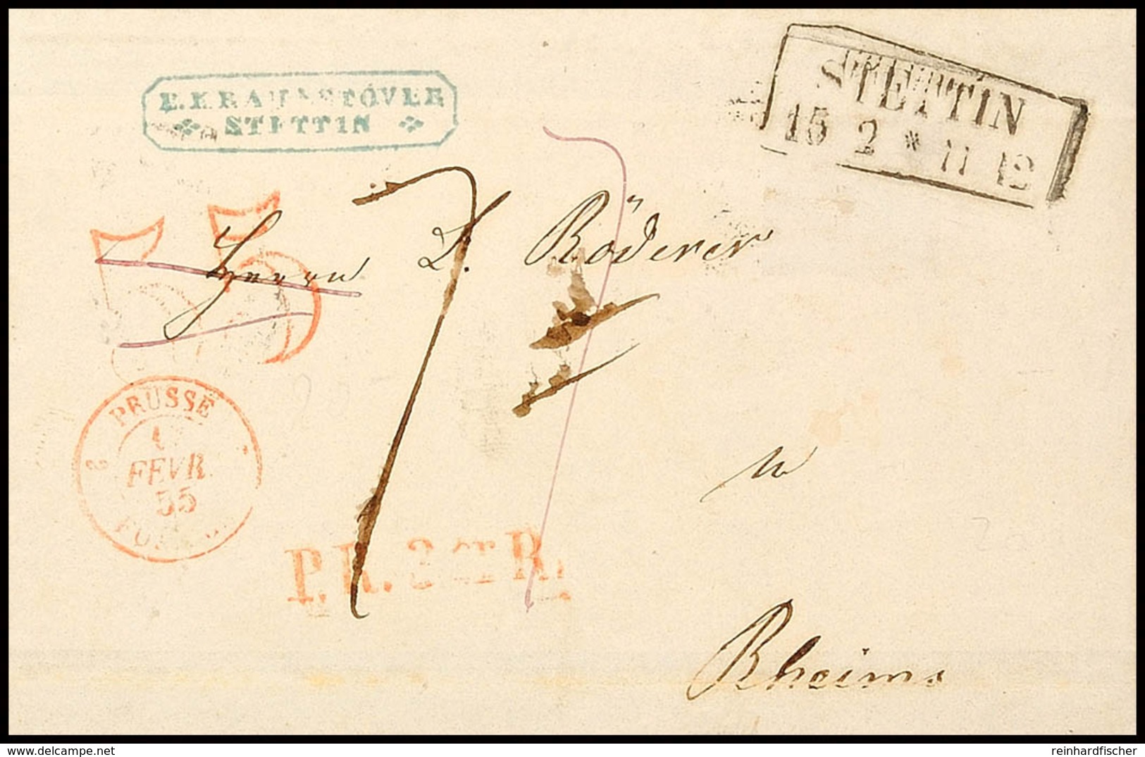 1855, Porto-Brief Mit Ra2 "STETTIN 15 2 (1855)" Nach Rheims/Frankreich, Vorders. Je In Roter Stempelfarbe L1 "P.R.3er R. - Andere & Zonder Classificatie