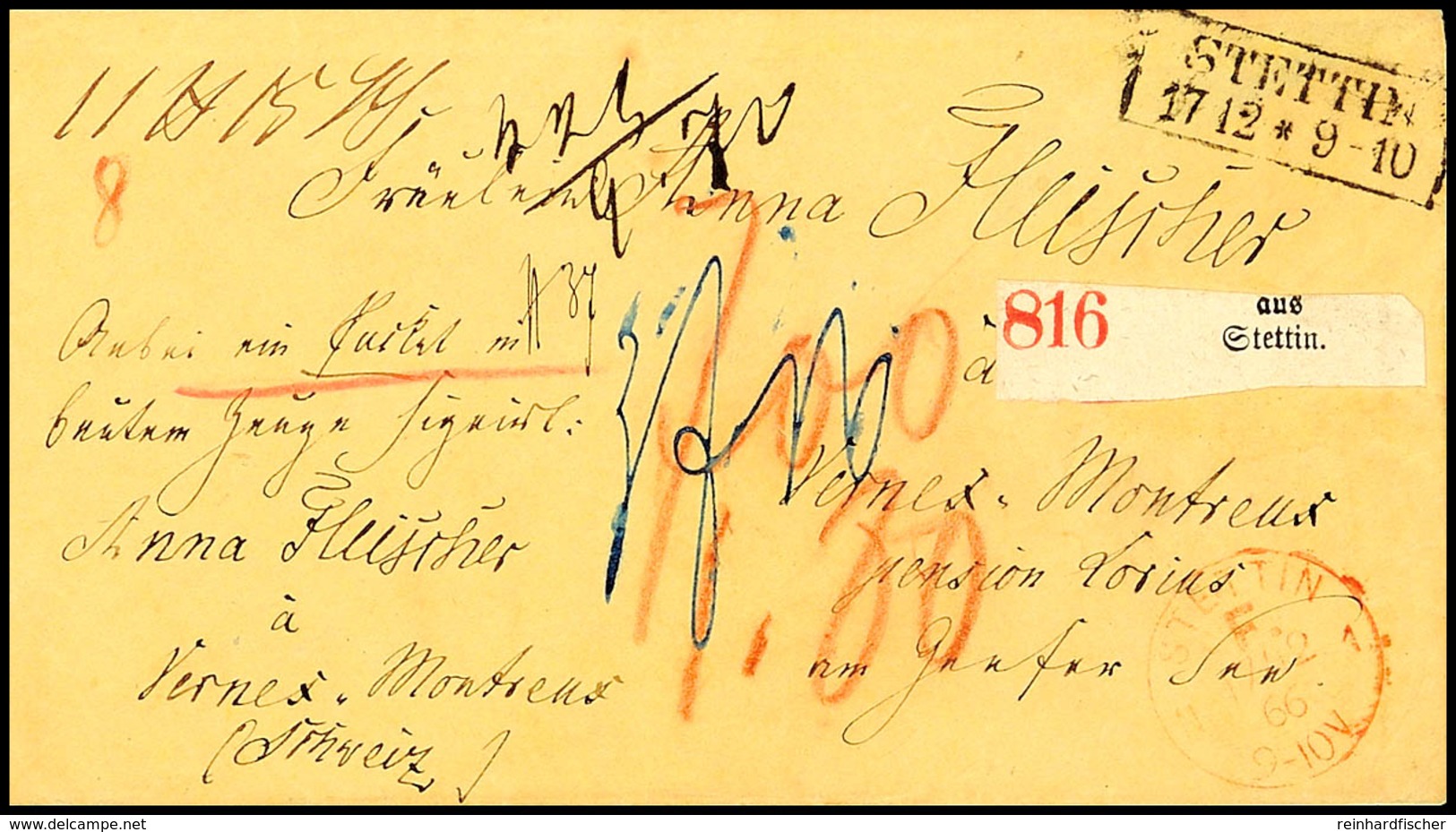 1866, Bar Bezahlter Auslands-Paketbegleitbrief Mit Ra2 "STETTIN 17 12" Nebst Rotem K1 "STETTIN F. N1 17/12 66" Und Paket - Andere & Zonder Classificatie