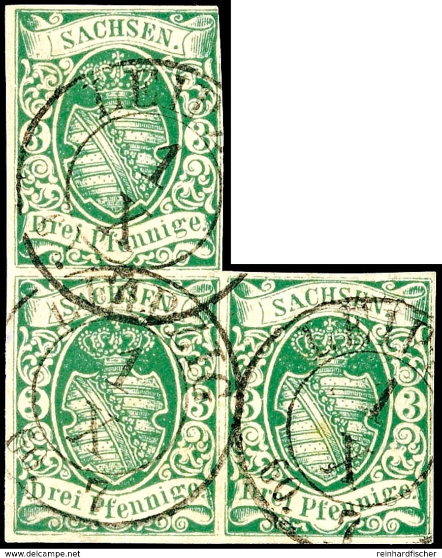 3 Pfennig Wappen Grün, Spätere Auflage, Dreierblock Mit Allseits Voll- Bis Breitrandigem Schnitt Außer Idee Rechts Oben  - Other & Unclassified