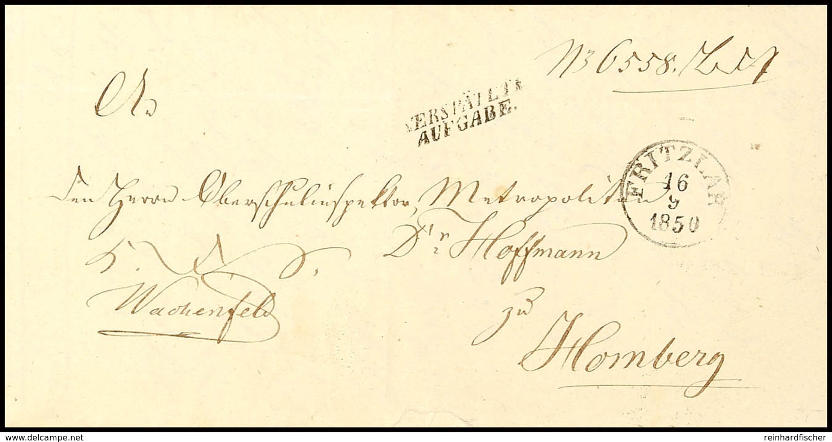 "FRITZLAR 16 9 1850" - K1, Feuser 1042-5, Nebst L2 "VERSPÄTETE AUFGABE" Auf Dienstbrief Nach Homberg, Vollst. Briefinhal - Other & Unclassified