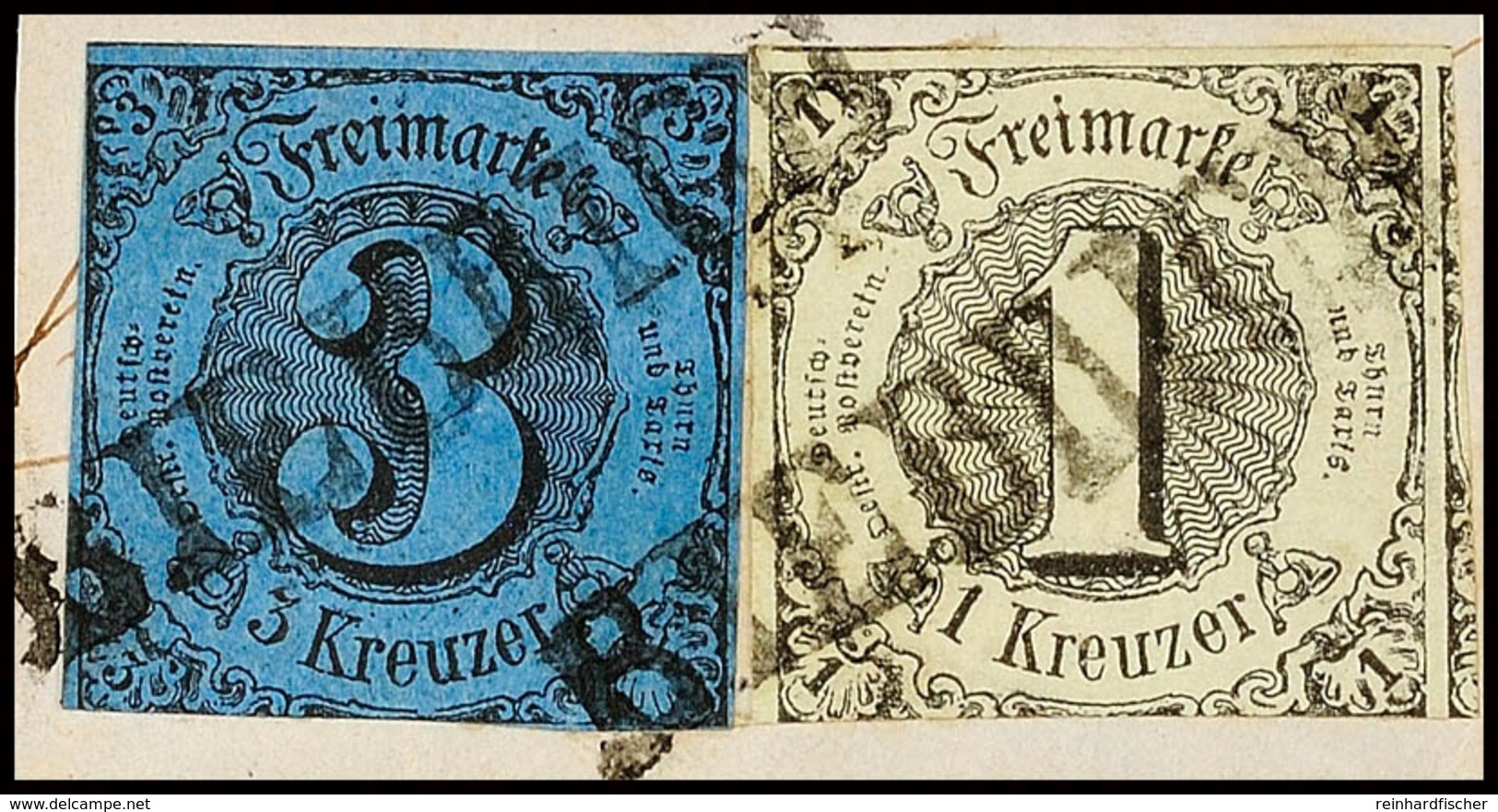 1 Kr. A. Graugrün Zusammen Mit 3 Kr. A. Dunkelblau Und Zwei Klar Und Diagonal Aufgesetzten L1 "BIEBRICH" (Herzogtum Nass - Other & Unclassified