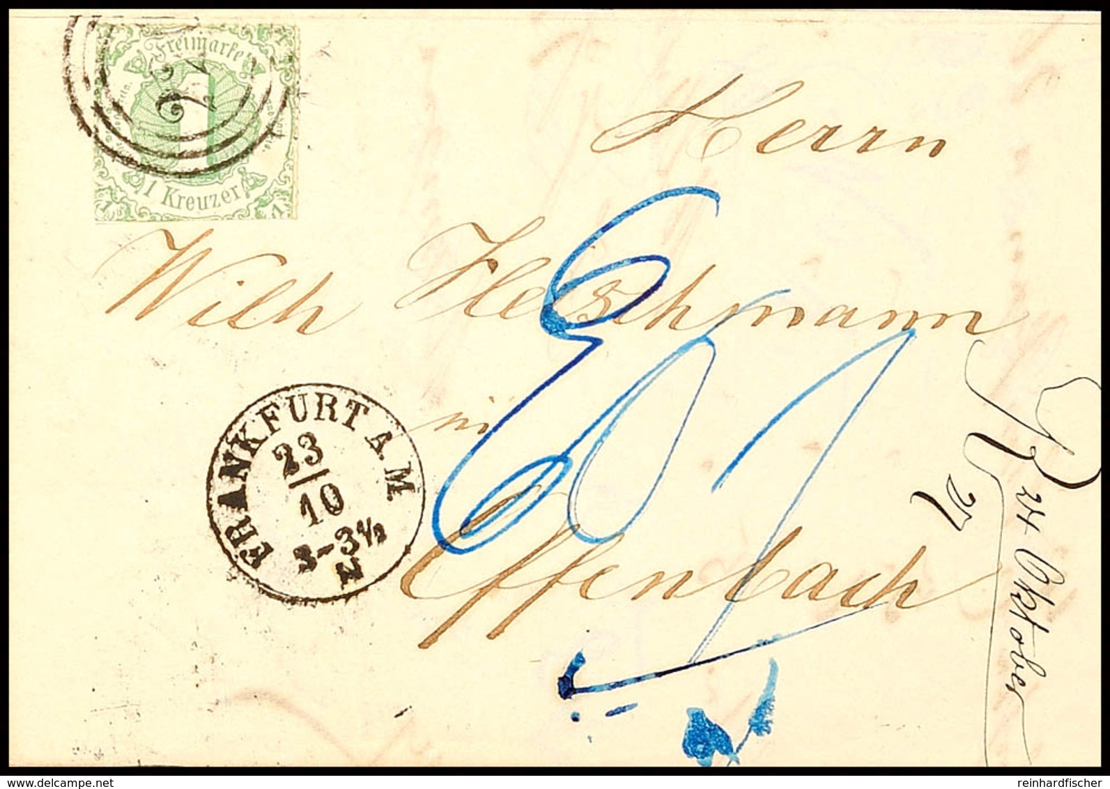 1 Kr. IV.Ausgabe, Als Einzelfrankatur Auf Brief, Mit Dreiringstempel "220" Nebst K1 "FRANKFURT A.M. 23/10 (1865)" Und Bl - Andere & Zonder Classificatie