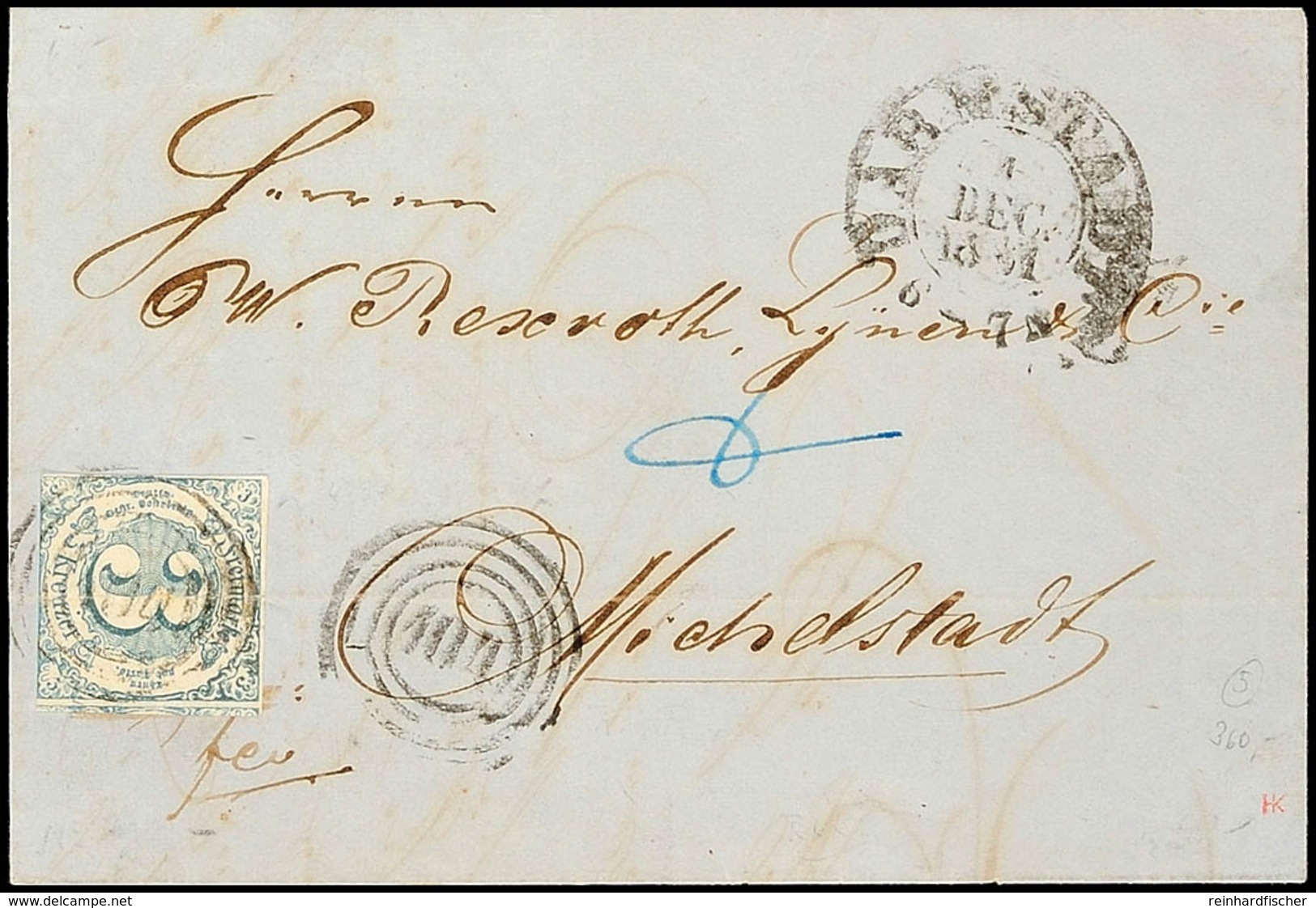 "104" Nebst Großem K2 "DARMSTADT 1 DEC. 1861" Auf Postbezirksbrief 3 Kr. Nach Michelstadt (Ankstpl). Der Nummernstempel  - Andere & Zonder Classificatie