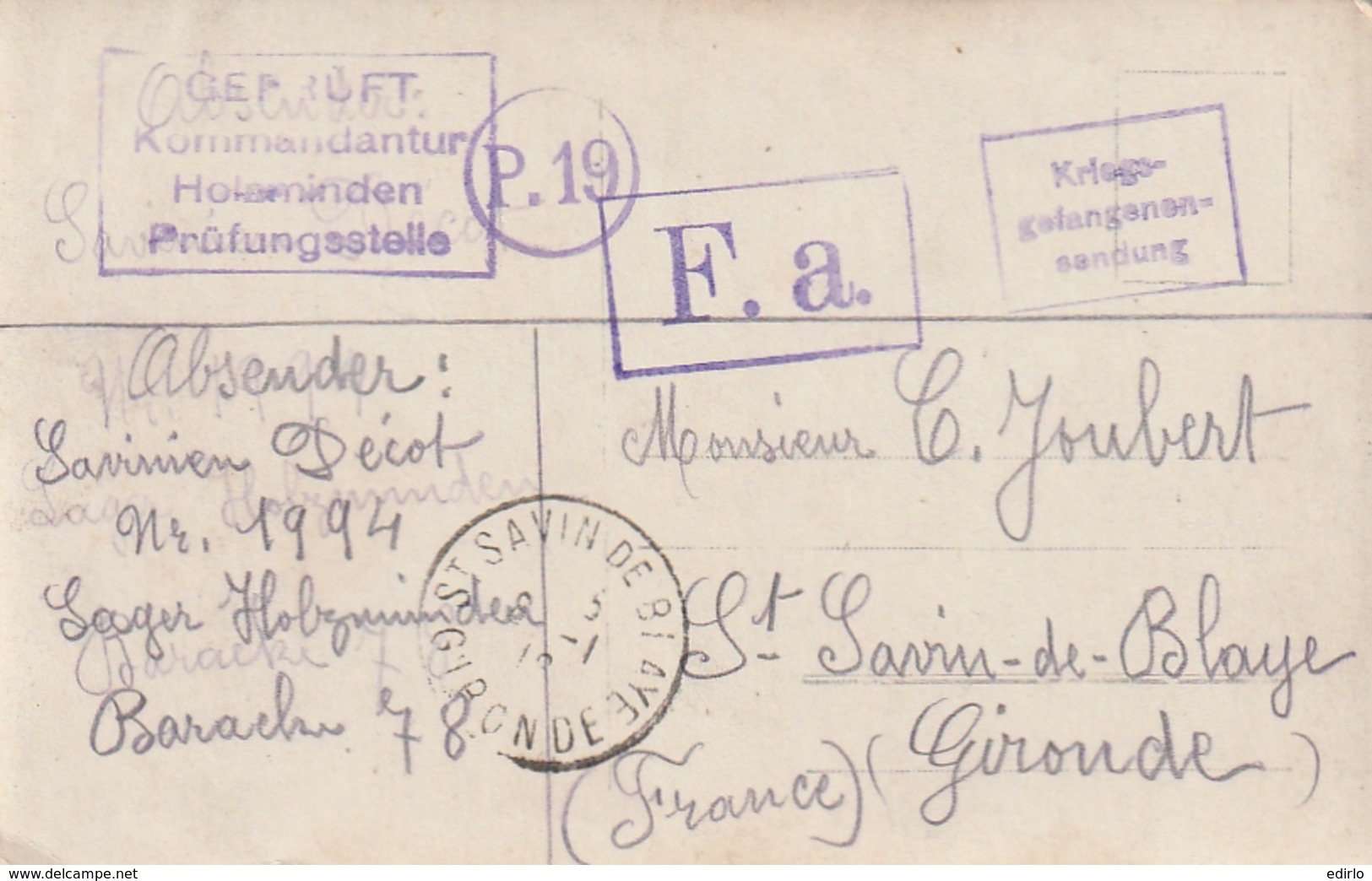 ***  BASSE SAXE ***  BON NOEL De Holzminden - Militaria Courrier Et Cachet Prisonnier - Guerre 14 / 18 - Holzminden