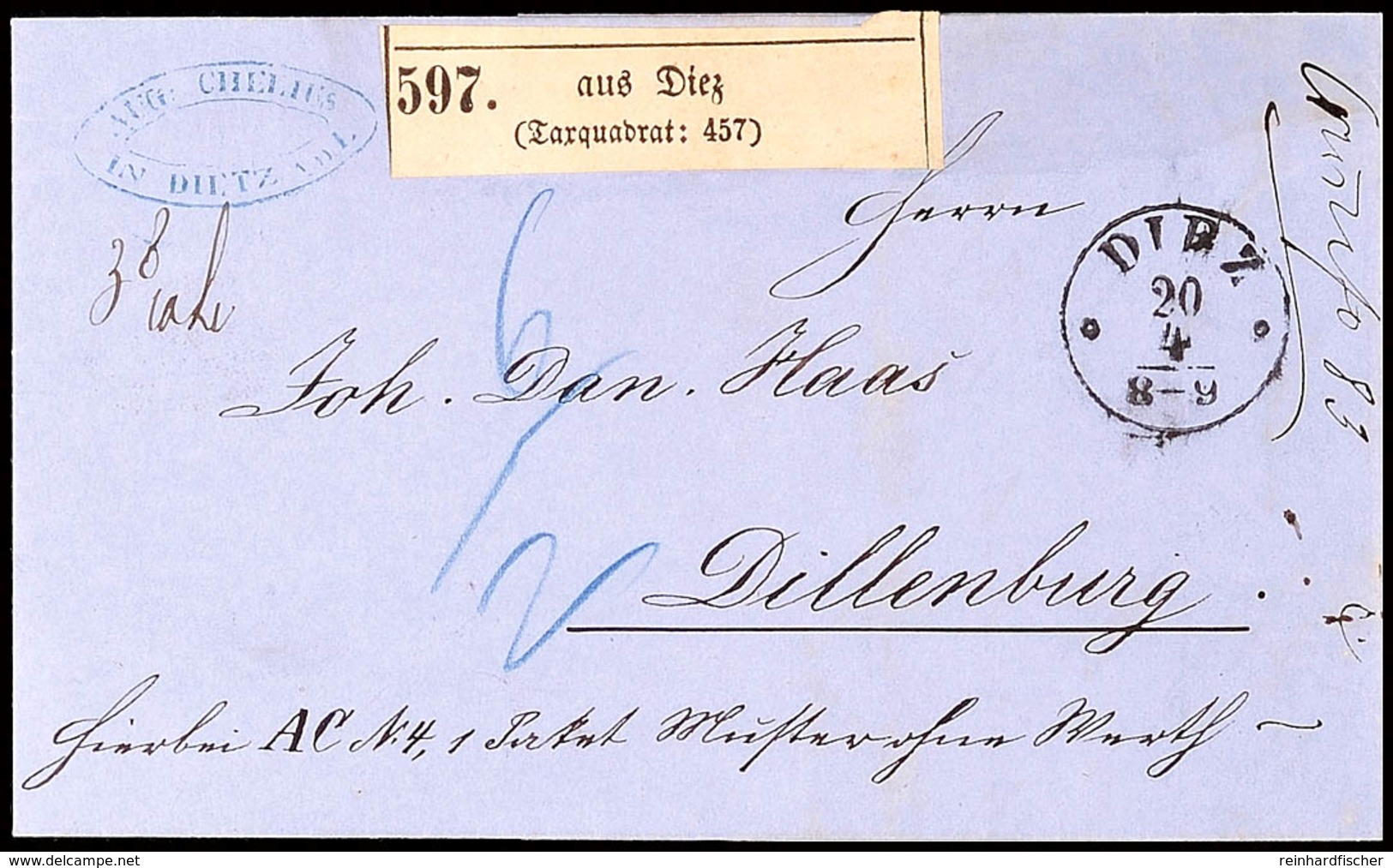 "DIEZ 20 4 (1865)" - K1, Auf In Blau "6 / 2" Austaxiertem Paketbegleitbrief, Nebst Taxquadrat-Paketnummernzettel Type II - Andere & Zonder Classificatie