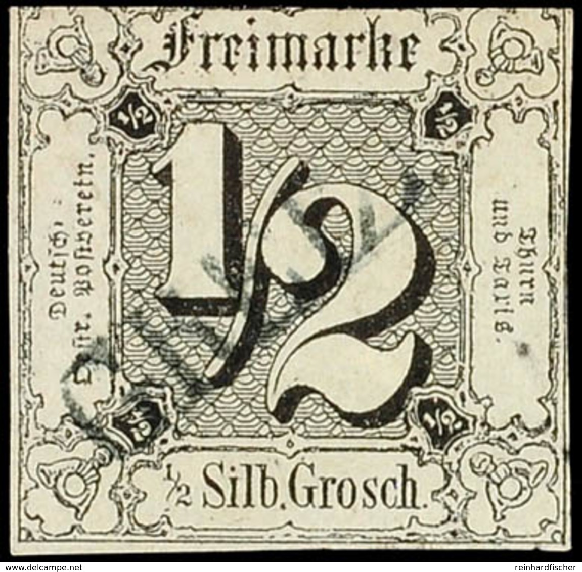 "GREIZ" - Schwarzblauer L1, Zentrisch Diagonal Auf 1/2 Sgr. A. Graugrün Im Teils Vollrandigem Taxisschnitt, Gepr. H. Kra - Other & Unclassified