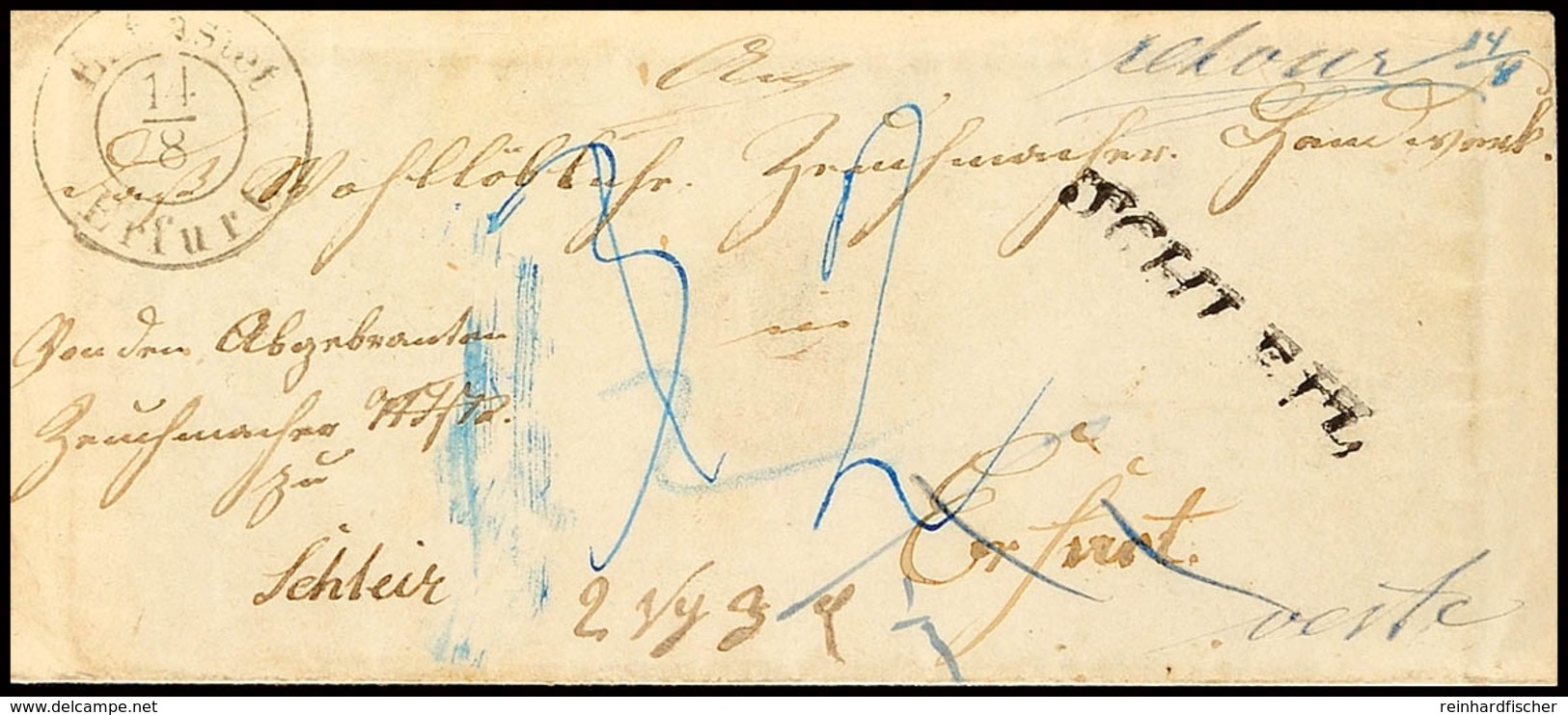 "SCHLEIZ" - L1, Klar Auf Nicht Freigemachten Brief Im August 1856 Nach Erfurt, Absendervermerk "Von Dem Abgebrannten Zeu - Andere & Zonder Classificatie