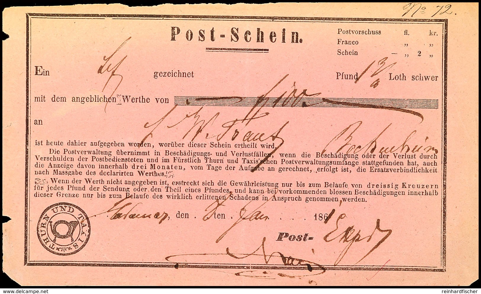 HADAMAR 1861, Postschein Für Eine Sendung Mit Wertangabe Nach Bockenheim  BF - Andere & Zonder Classificatie