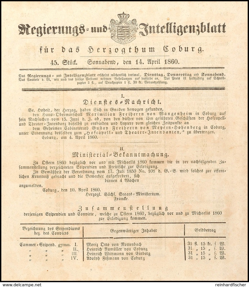 1860, Regierungs- Und Intelligenzblatt Für Das Großherzogtum Coburg Vom 14.April.1860, U.a. Darin Eine Kurze Abhandlung  - Andere & Zonder Classificatie