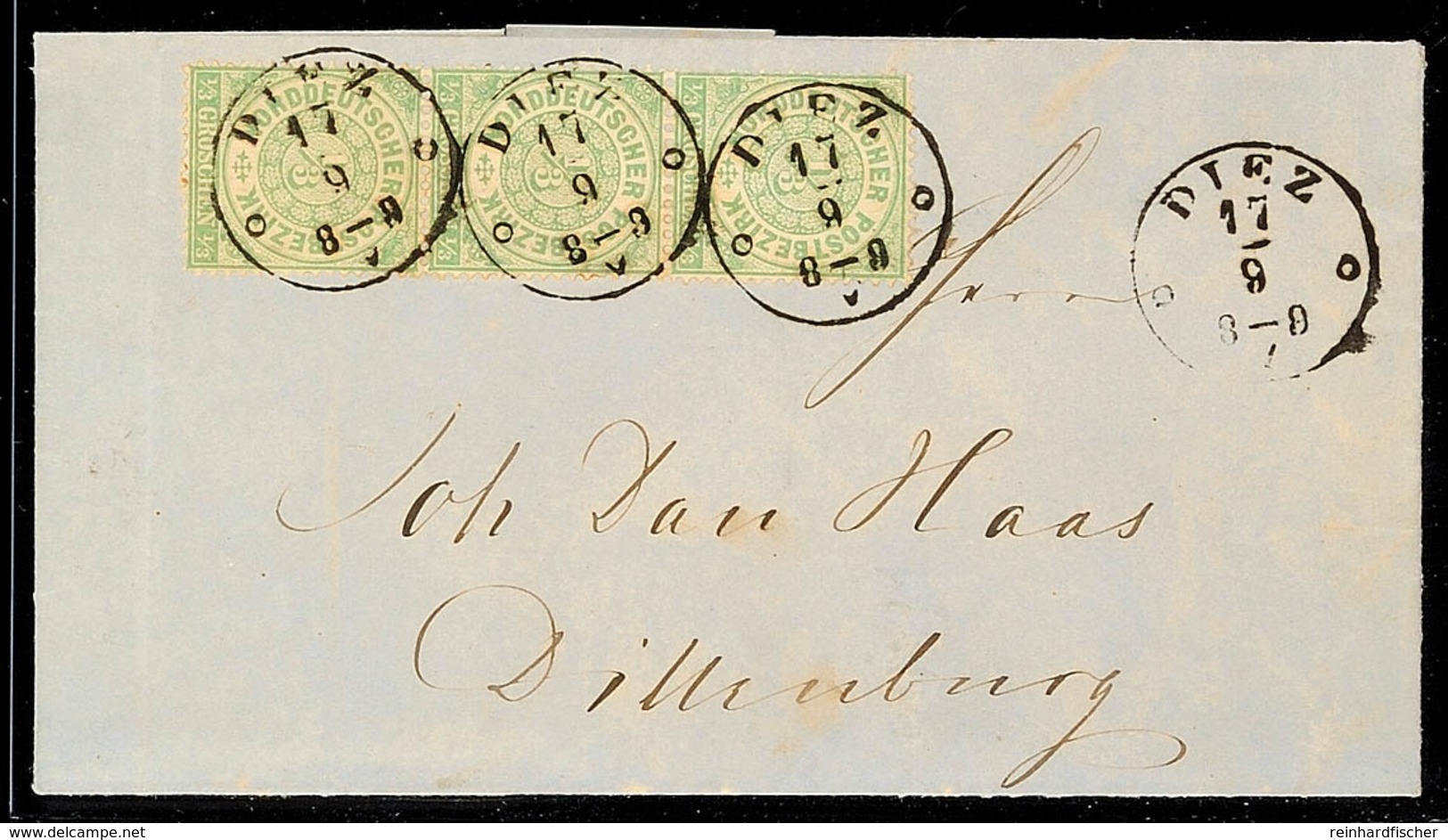 "DIEZ 17/9 (1869)" - K1, Auf Brief Mit Senkr. Dreierstreifen NDP 1/3 Gr. Nach Dillenburg, Reinigungsspuren, Katalog: NDP - Andere & Zonder Classificatie