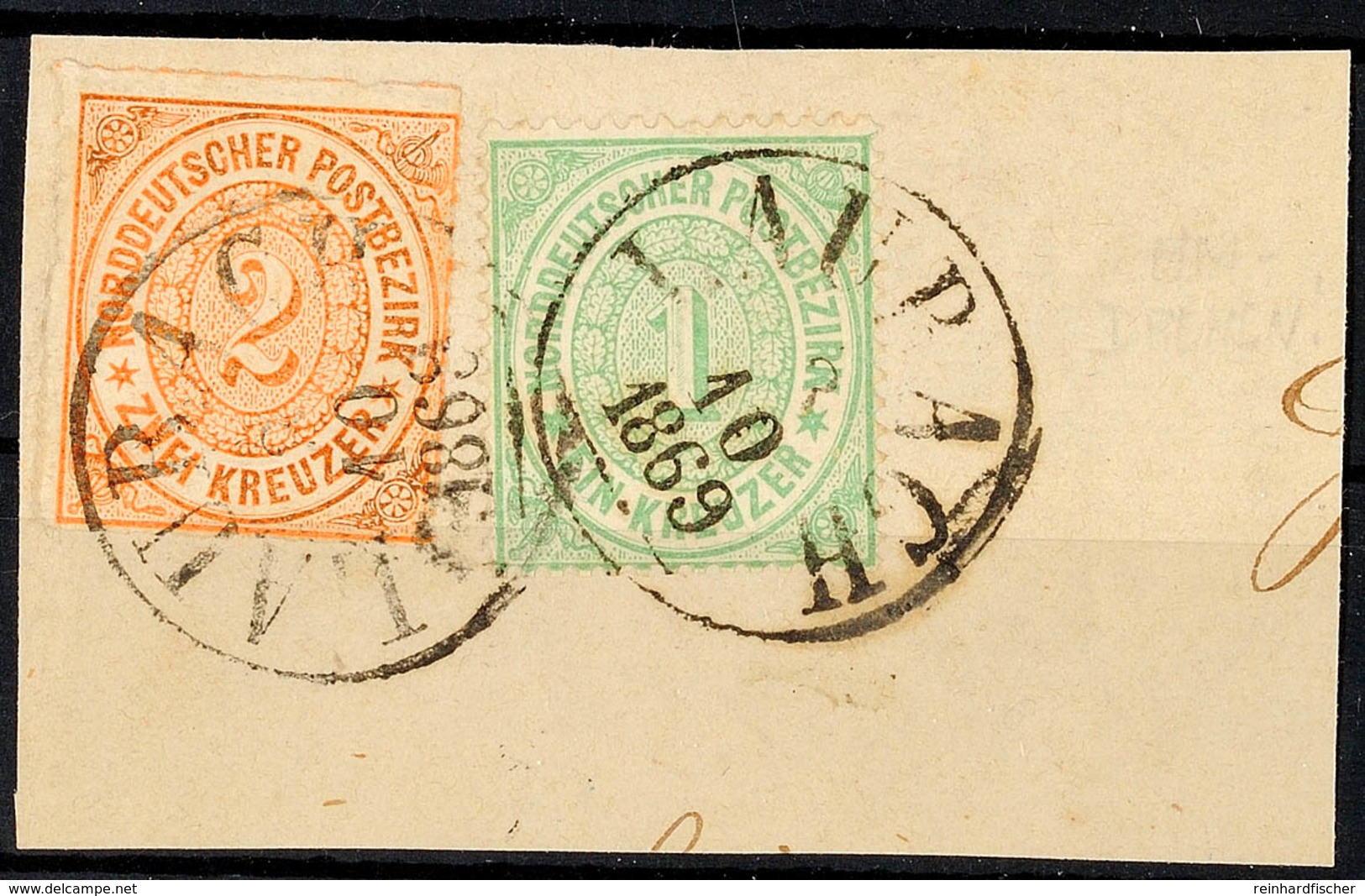 "LAUBACH 3 10 1868" - K1 Mit , Zwei Abschläge Auf Briefstück NDP 2 Kr. Durchstochen (minimal Oxidiert) Und 1 Kr. Gezähnt - Andere & Zonder Classificatie