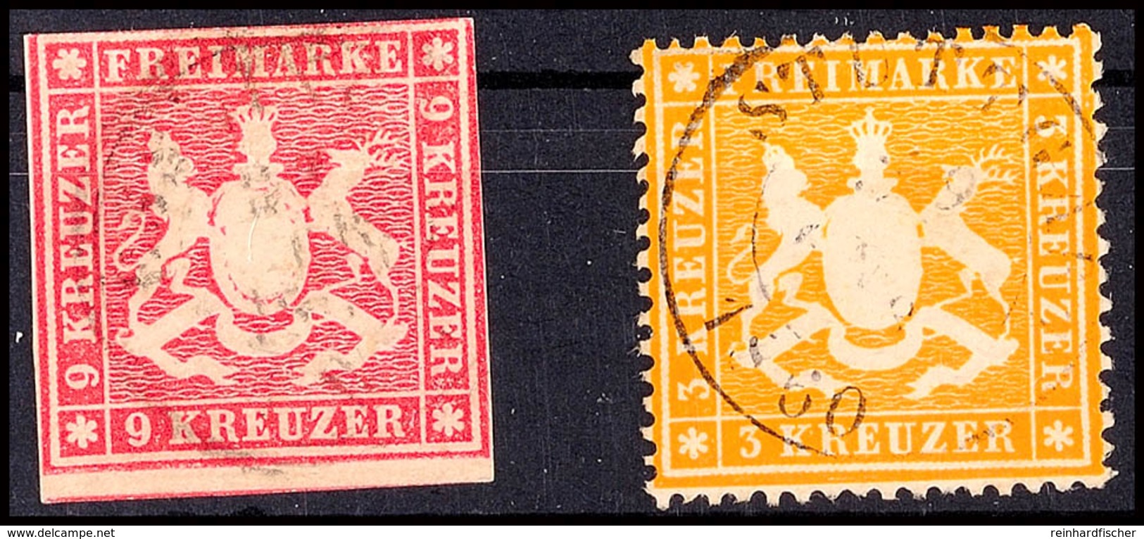 9 Kr. Karmin, Oben Knapp, Sonst Voll- Bis überrandig Dazu 3 Kr. Gelborange Gezähnt, Je Gestempelt, Mi. 112,-, Katalog: 1 - Andere & Zonder Classificatie