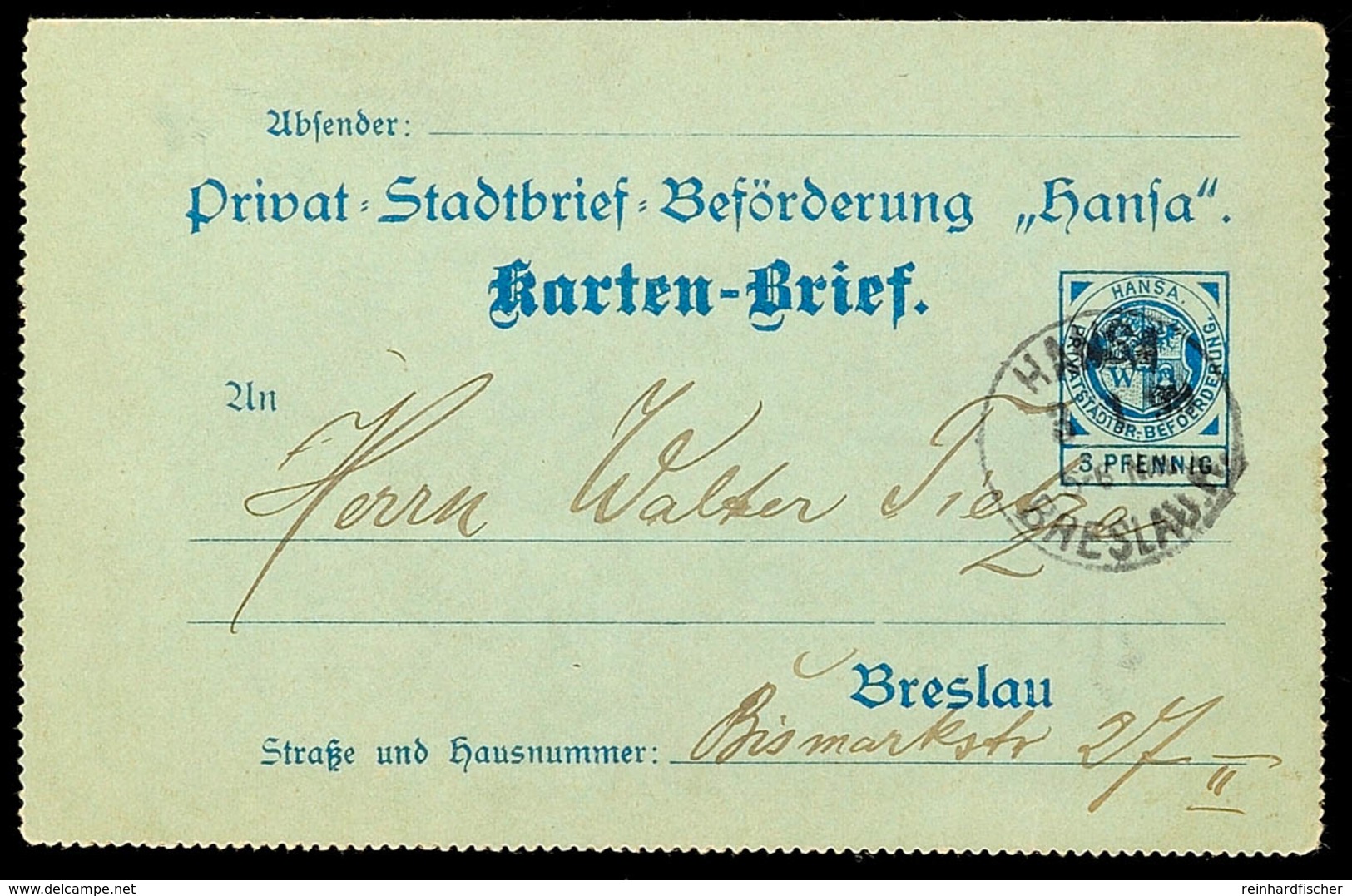 BRESLAU HANSA, GS-Kartenbrief 3 Pfg, Tadellos Gebraucht Mit Stempel "HANSA BRESLAU 3.1.99", Innen Umfangreicher Bedarfst - Andere & Zonder Classificatie