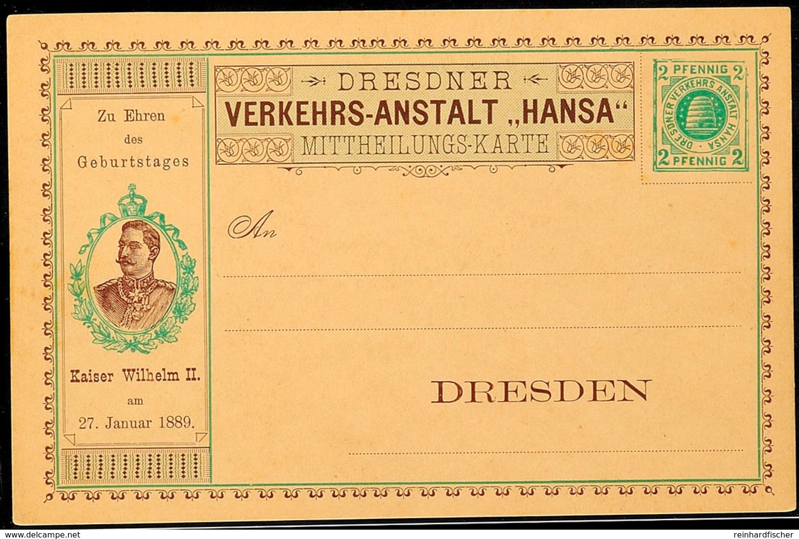 DRESDEN HANSA, GS-Postkarte 2 Pfg, Ungebrauchte "MITTHEILUNGS-KARTE" Zu Ehren Des Geburtstages Kaiser Wilhelm II. Am 27. - Andere & Zonder Classificatie