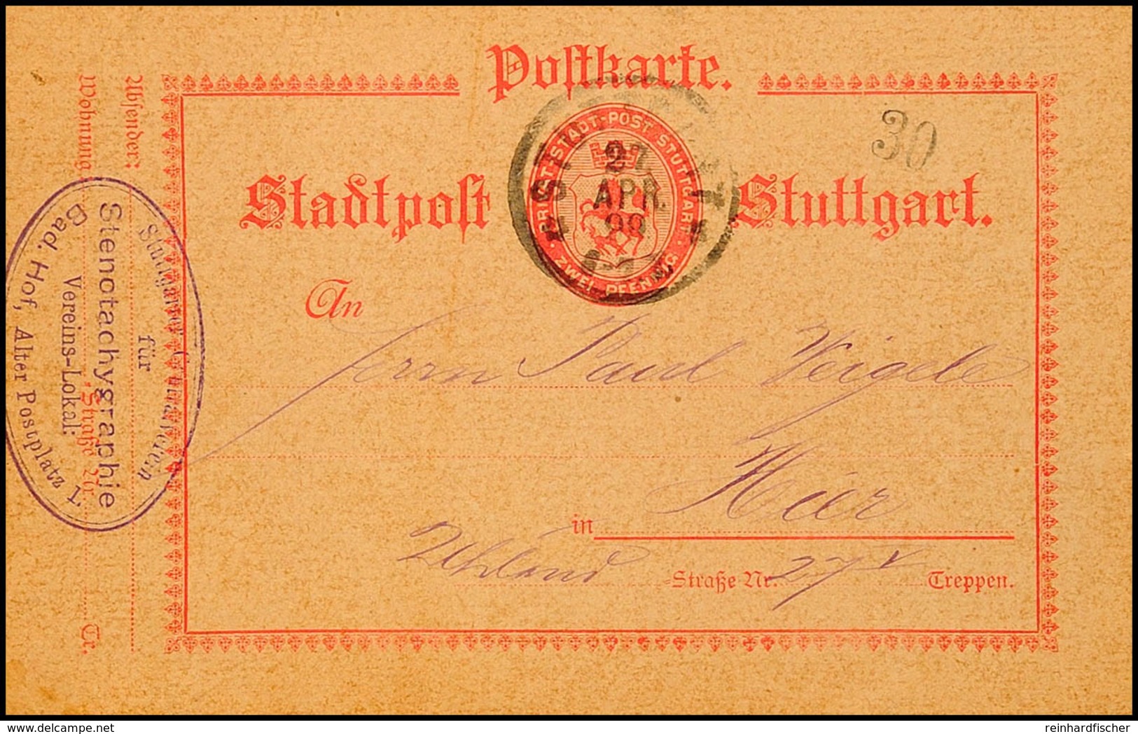 Stuttgart, Stadtpost, 2 Pfg Ganzsachenkarte Bedarfsgebraucht 27.4.99 Mit Absenderstempel Stenotachygraphie Verein  BF - Andere & Zonder Classificatie