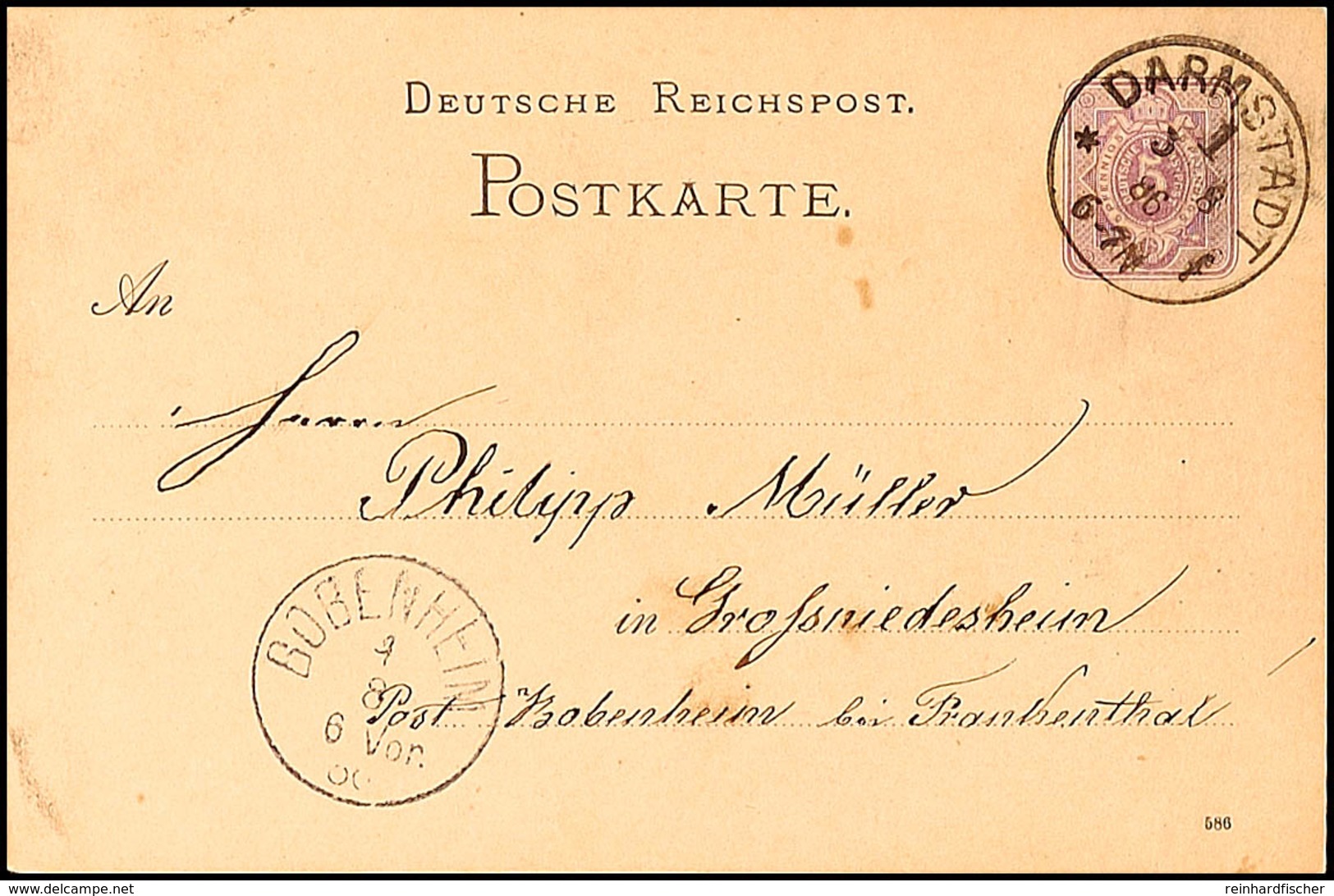 "DARMSTADT 1 F 3.8.86", Klaucke - Stempel Mi.-Nr. 48, Auf Ganzsache 5 Pfg Nach Großniedesheim Bei Bobenheim (Ankstpl)  B - Andere & Zonder Classificatie