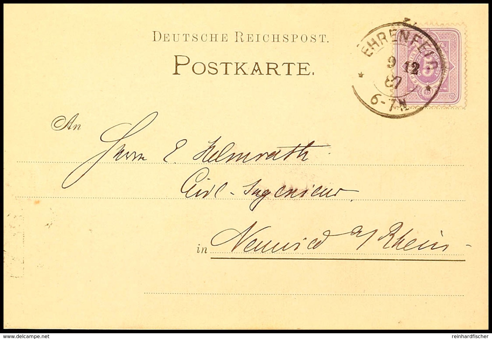 "EHRENFELD 9 12 87" - Aptierter K2 Mit Sternen, Auf Postkarte 5 Pfg Nach Neuwied, Katalog: 40 BF - Other & Unclassified