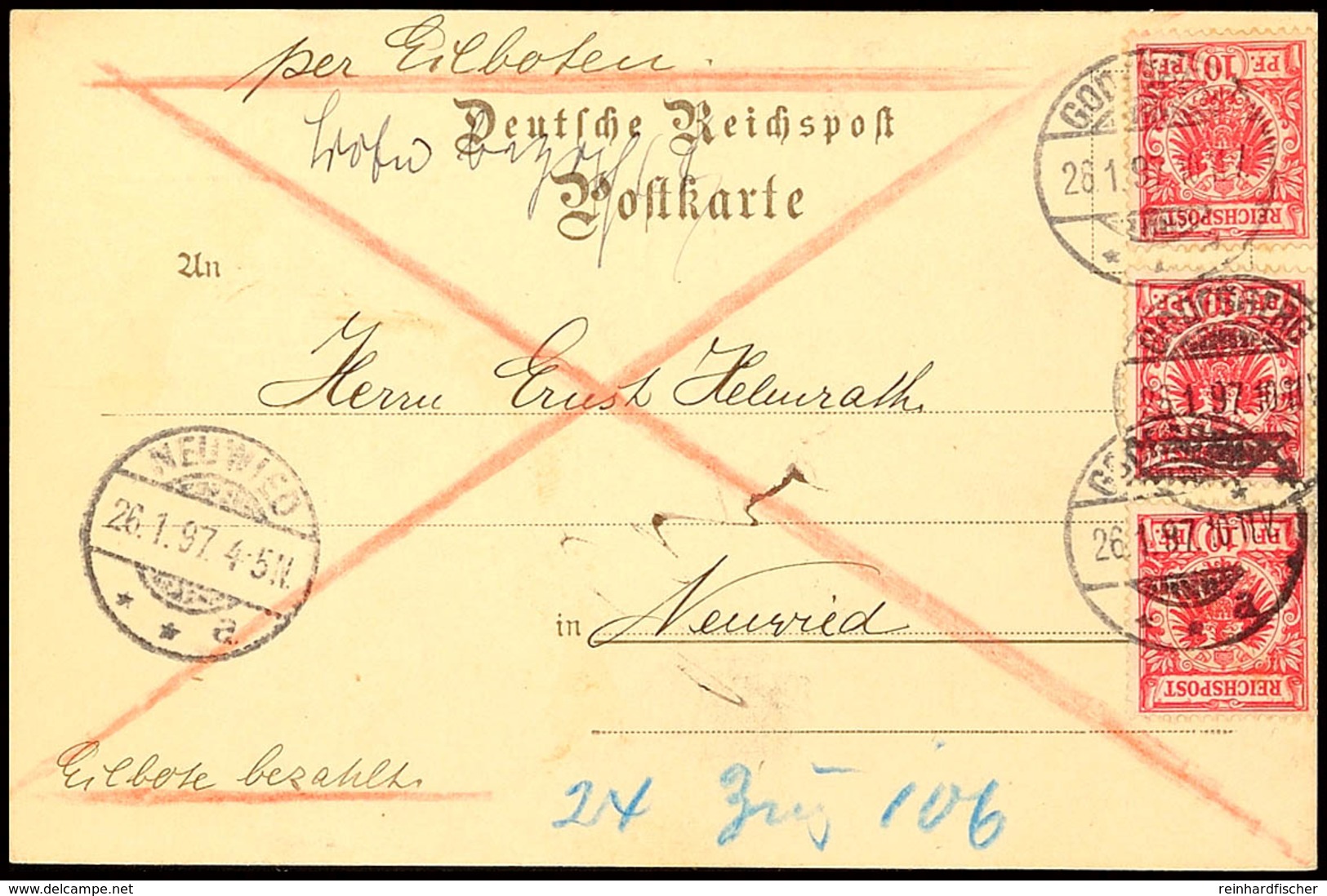 "GODESBERG 26.1.97" - Kreisgitterstegstempel, Eilboten-Postkarte 3x 10 Pfg Nach Neuwied, Katalog: 47(3) BF - Andere & Zonder Classificatie