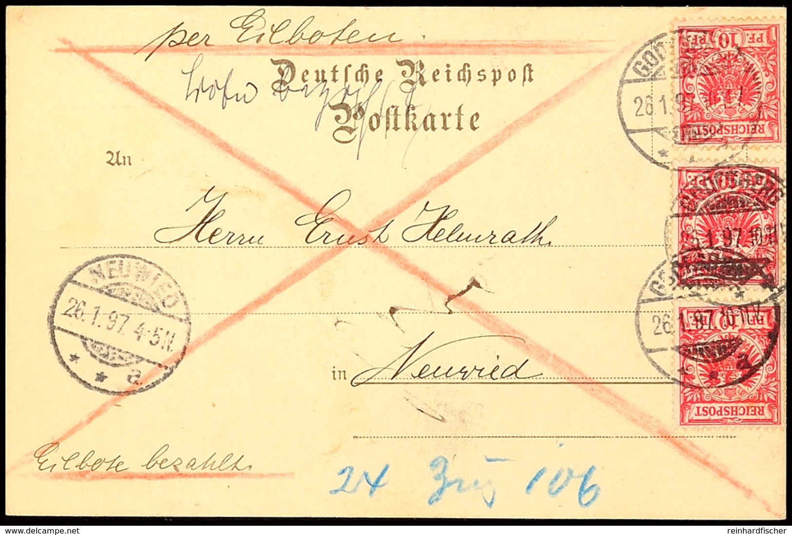 "GODESBERG 26.1.97" - Kreisgitterstegstempel, Eilboten-Postkarte 3x 10 Pfg Nach Neuwied, Katalog: 47(3) BF - Other & Unclassified
