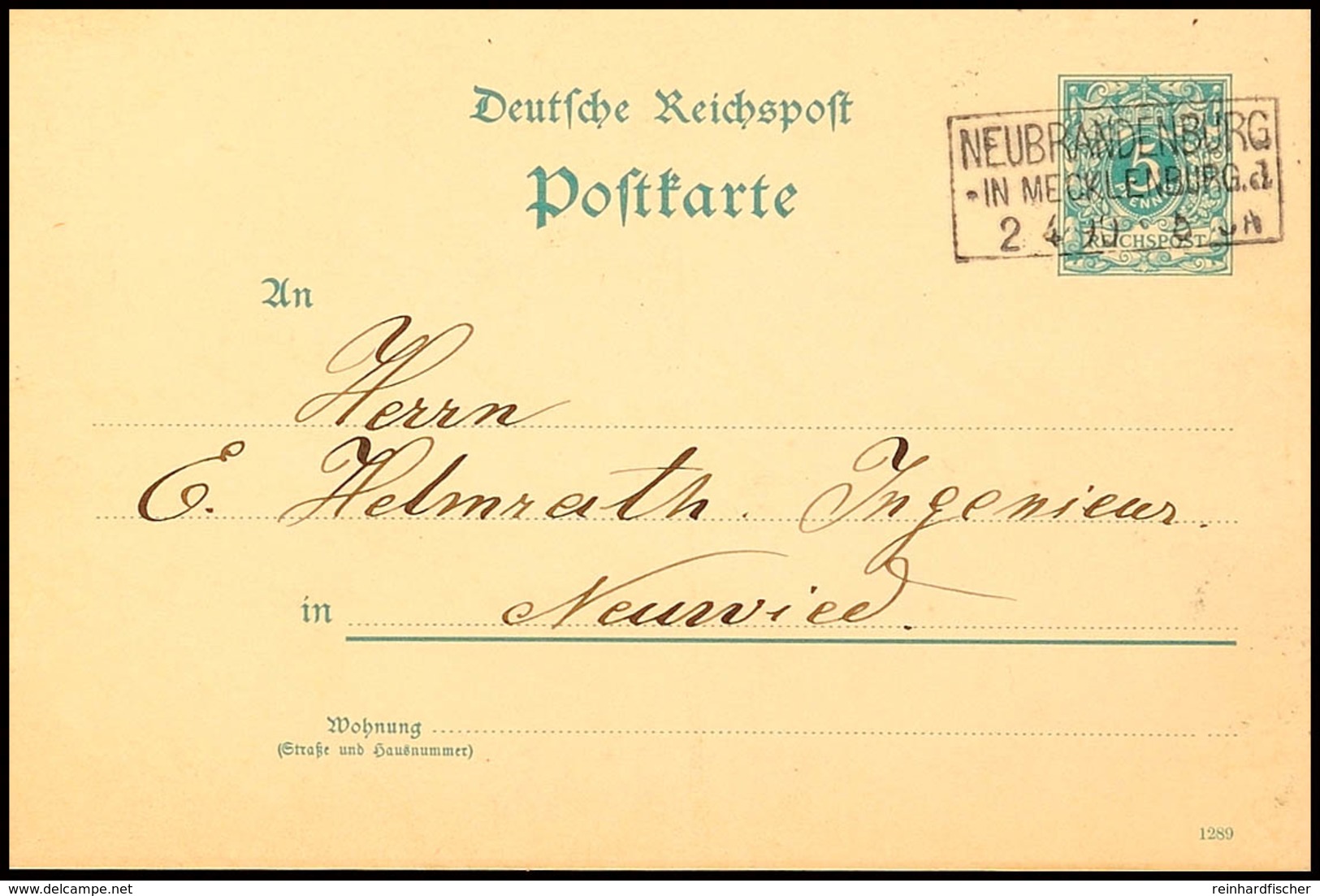 "NEUBRANDENBURG IN MECKLENBURG *a 2 4 90" - Ra3, Auf GS-Postkarte 5 Pfg Nach Neuwied, Katalog: P20 BF - Andere & Zonder Classificatie