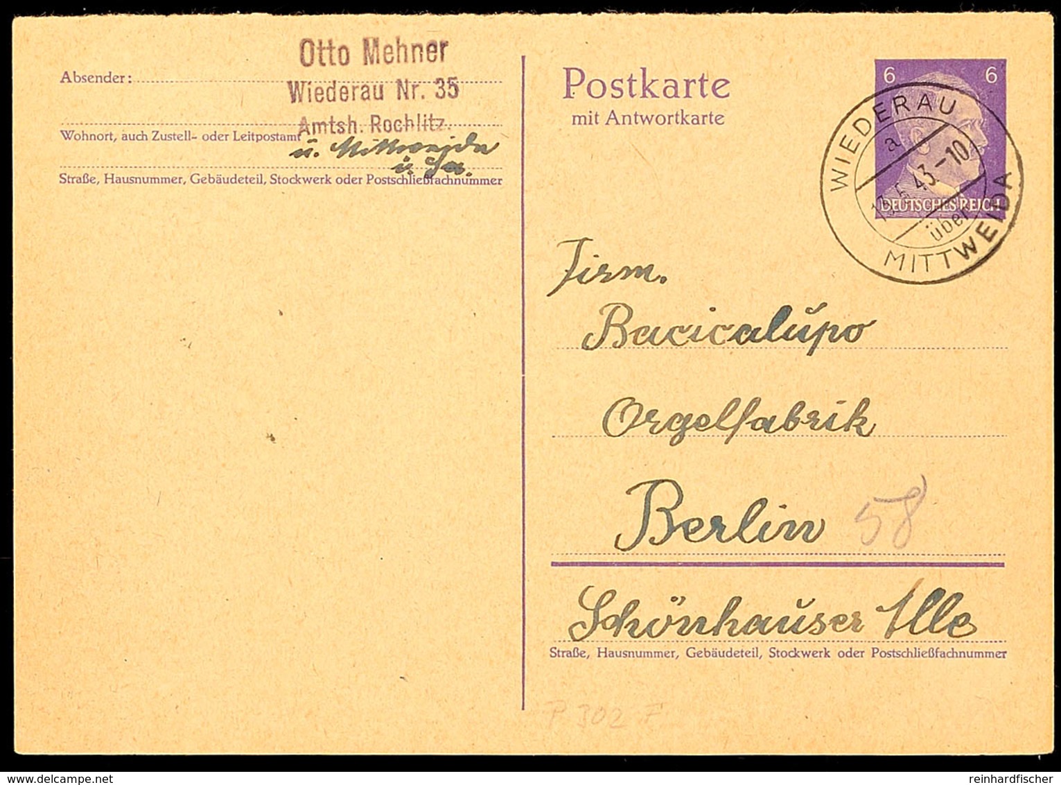 "WIEDERAU über MITTWEIDA 13.5.43", Auf GS-Postkarte (P 302 F) Nach Berlin  BF - Andere & Zonder Classificatie