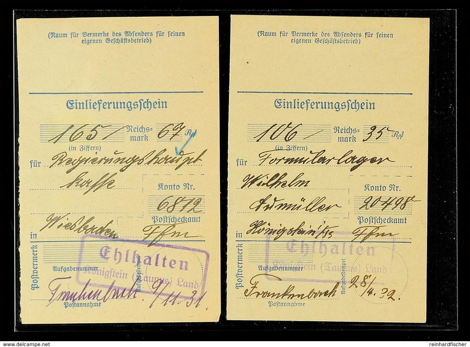 "Ehlhaltenzyx Königstein (Taunus) Land", 1931/32, Auf Zwei Einlieferungsscheinen Für Einzahlung Auf Ein Postscheckamtkon - Andere & Zonder Classificatie