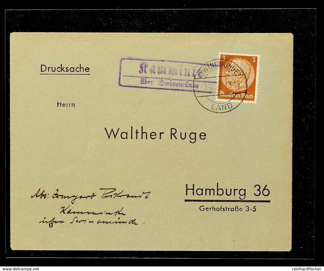 "Kamminke / über Swinemünde", 1938, Auf Drucksachenbrief Nach Hamburg  BF - Andere & Zonder Classificatie