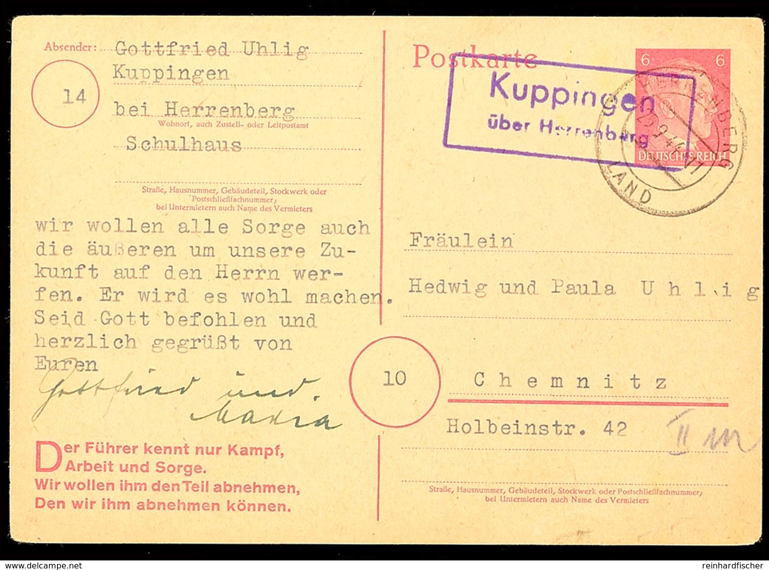 "Kuppingen über Herrenberg", Klar Auf GS-Postkarte 1944 Nach Chemnitz  BF - Andere & Zonder Classificatie
