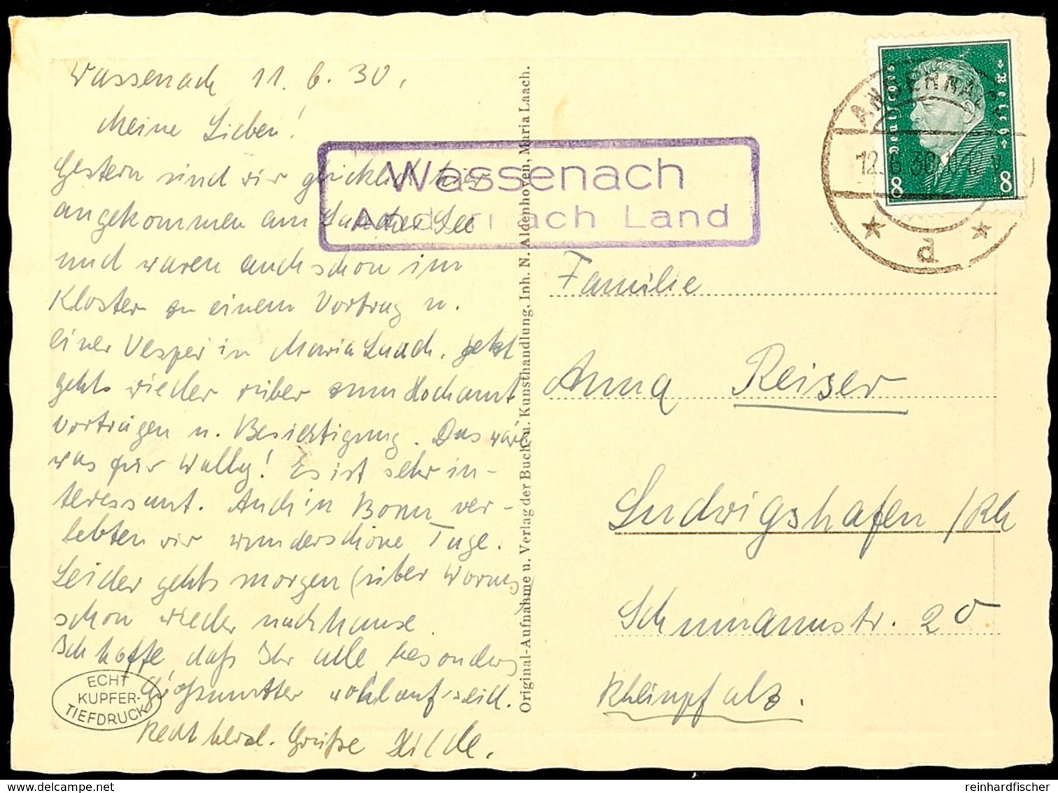 "Wassenach Andernach Land", Auf AK "Maria Laach, Partie Am Klostergarten" 1930 Nach Ludwigshafen  BF - Other & Unclassified