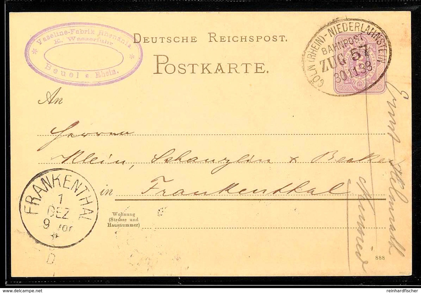 "CÖLN (RHEIN) - NIEDERLAHNSTEIN ZUG 57" - Bahnpost-Ovalstempel, Auf GS-Postkarte 5 Pfg In 1888 Nach Frankenthal, Absende - Andere & Zonder Classificatie