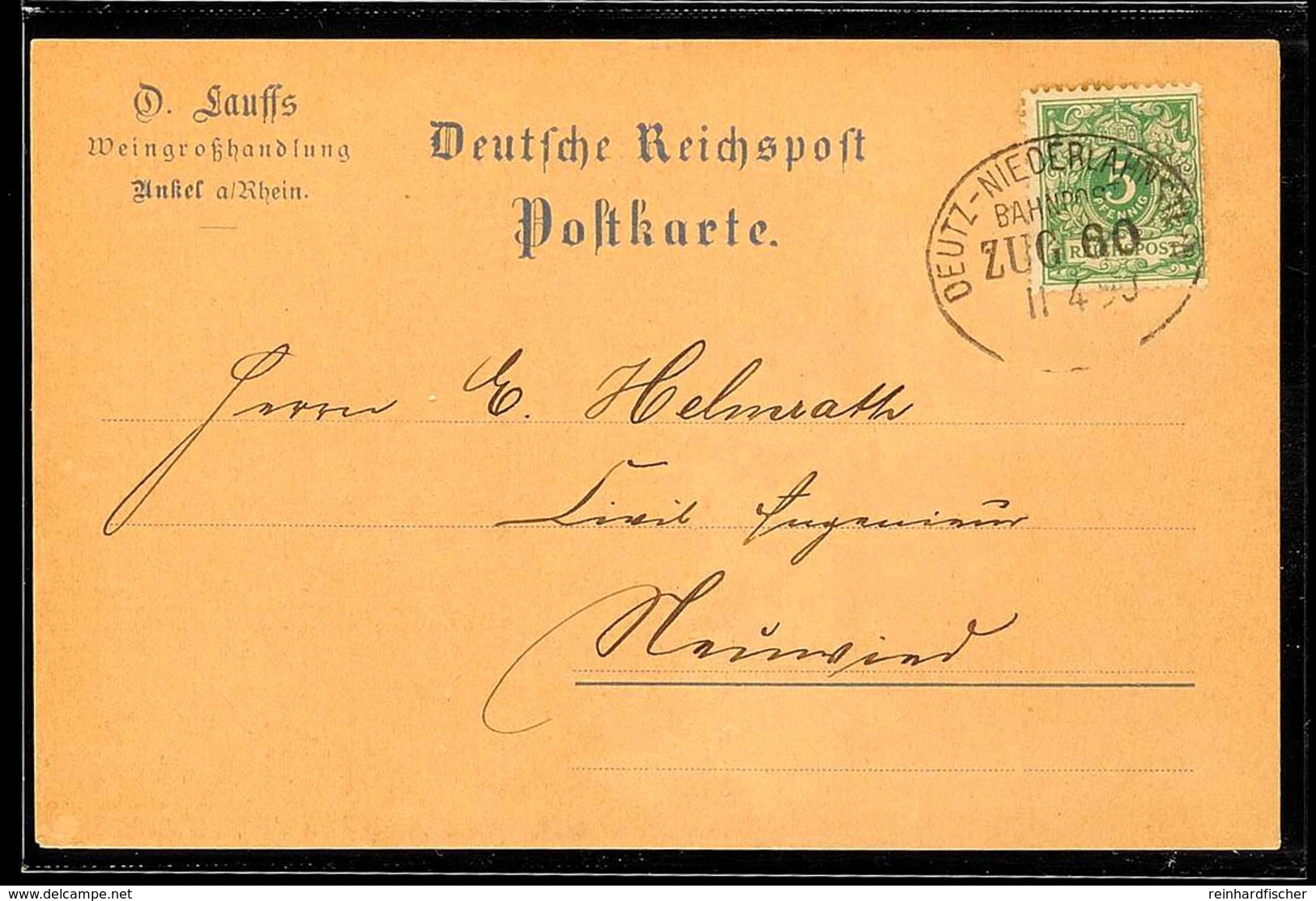 "DEUTZ-NIEDERLAHNSTEIN ZUG 60" - Bahnpost-Ovalstempel, Auf Privatem Postkartenformular Mit Absendervordruck "O. Lauffs W - Andere & Zonder Classificatie