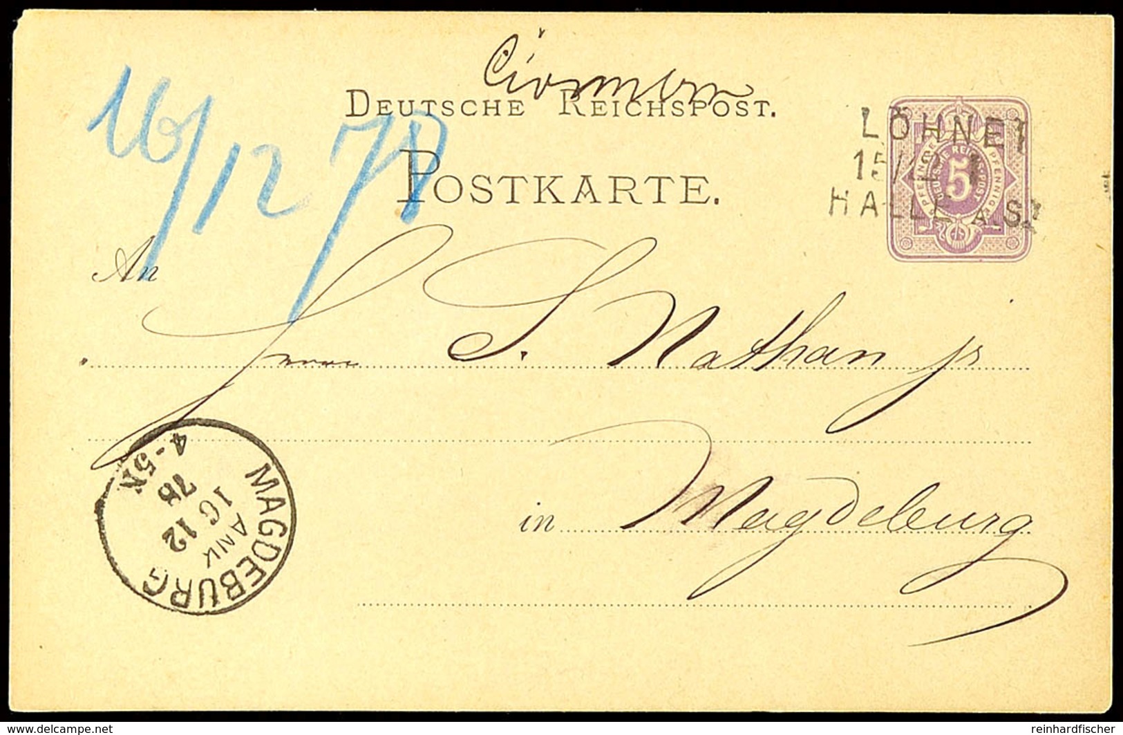 "LÖHNE 15/2 I HALLE A.S." - Bahnpost-L3, Nebst Hs. Stationsaufgabevermerk "Cönnern" Auf GS-Postkarte 5 Pfg. In 1878 Nach - Andere & Zonder Classificatie