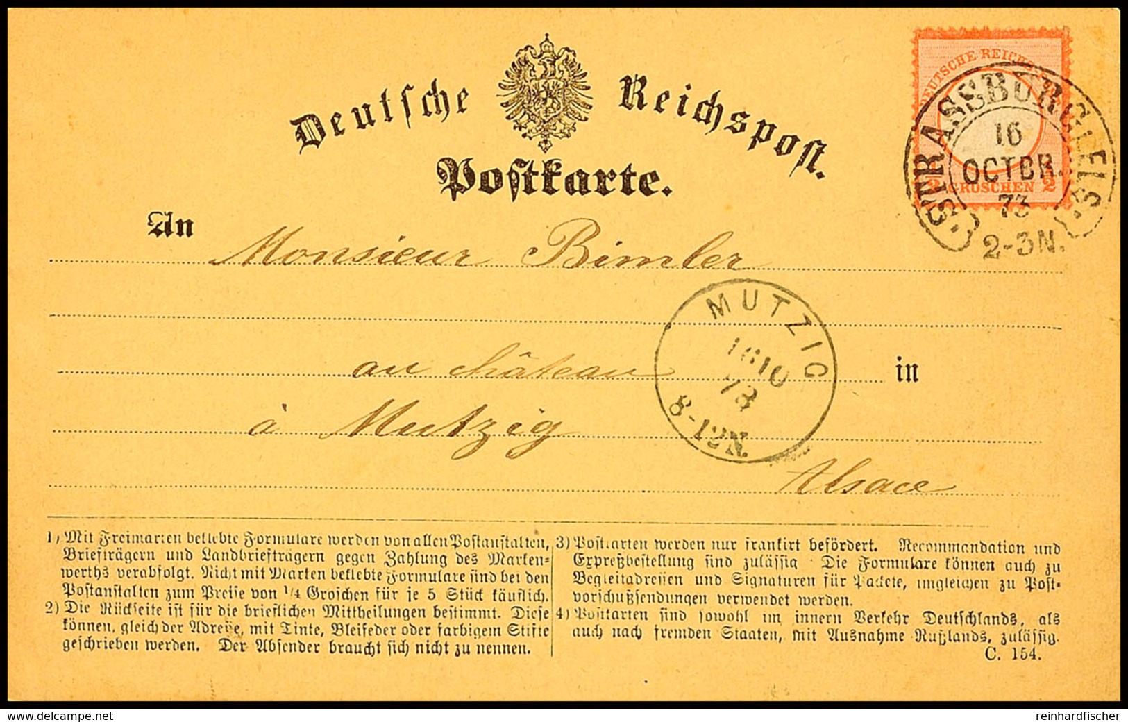 1/2 Groschen Kleiner Schild, Orangerot, Portogerechte Einzelfrankatur Mit Hufeisenstempel "STRASSBURG I. ELS O O 16 OCTB - Other & Unclassified