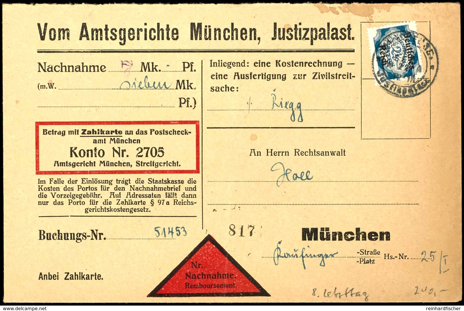 2 1/2 M. Bayern Abschied Auf Portogerechtem Nachnahme-Ortsbrief Von K2 "MÜNCHEN 35 30. SEP. 22", Tadellos, Umschlag Oben - Andere & Zonder Classificatie