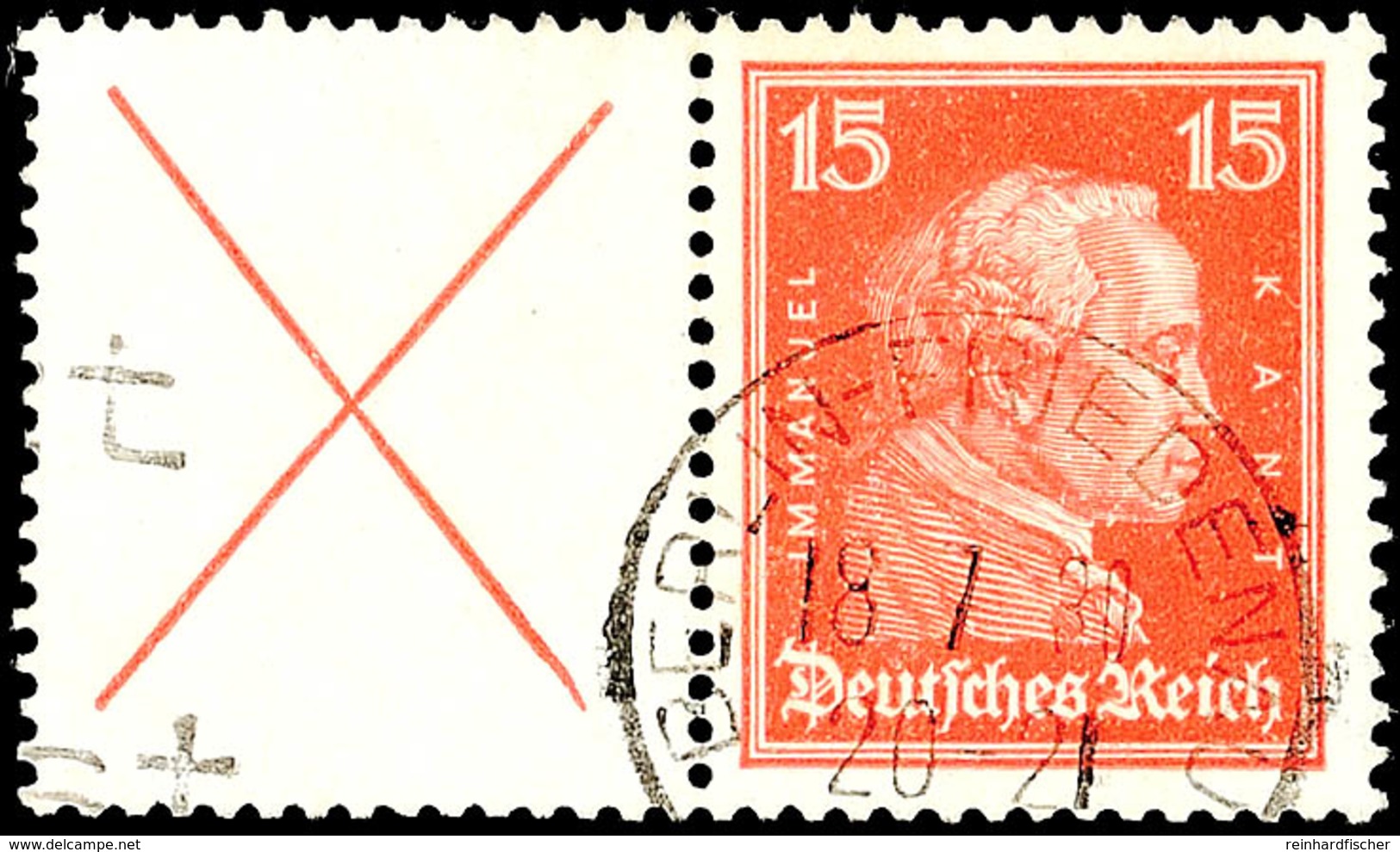 X+15 Pf., Kant 1927, Waagrechter Zusammendruck, Gestempelt "BERLIN-FRIEDENAU 18.7.30", Mi. 300,-, Katalog: W23 O - Andere & Zonder Classificatie