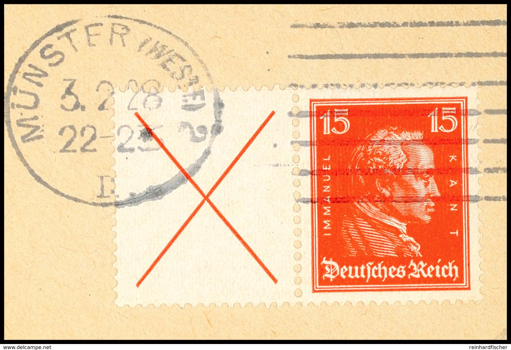 X + 15 Pf. Kant 1927 Auf Briefstück, MÜNSTER 3.2.28, Fotobefund Dr.Oechsner BPP: "einwandfrei", Mi. 300.-, Katalog: W23  - Andere & Zonder Classificatie