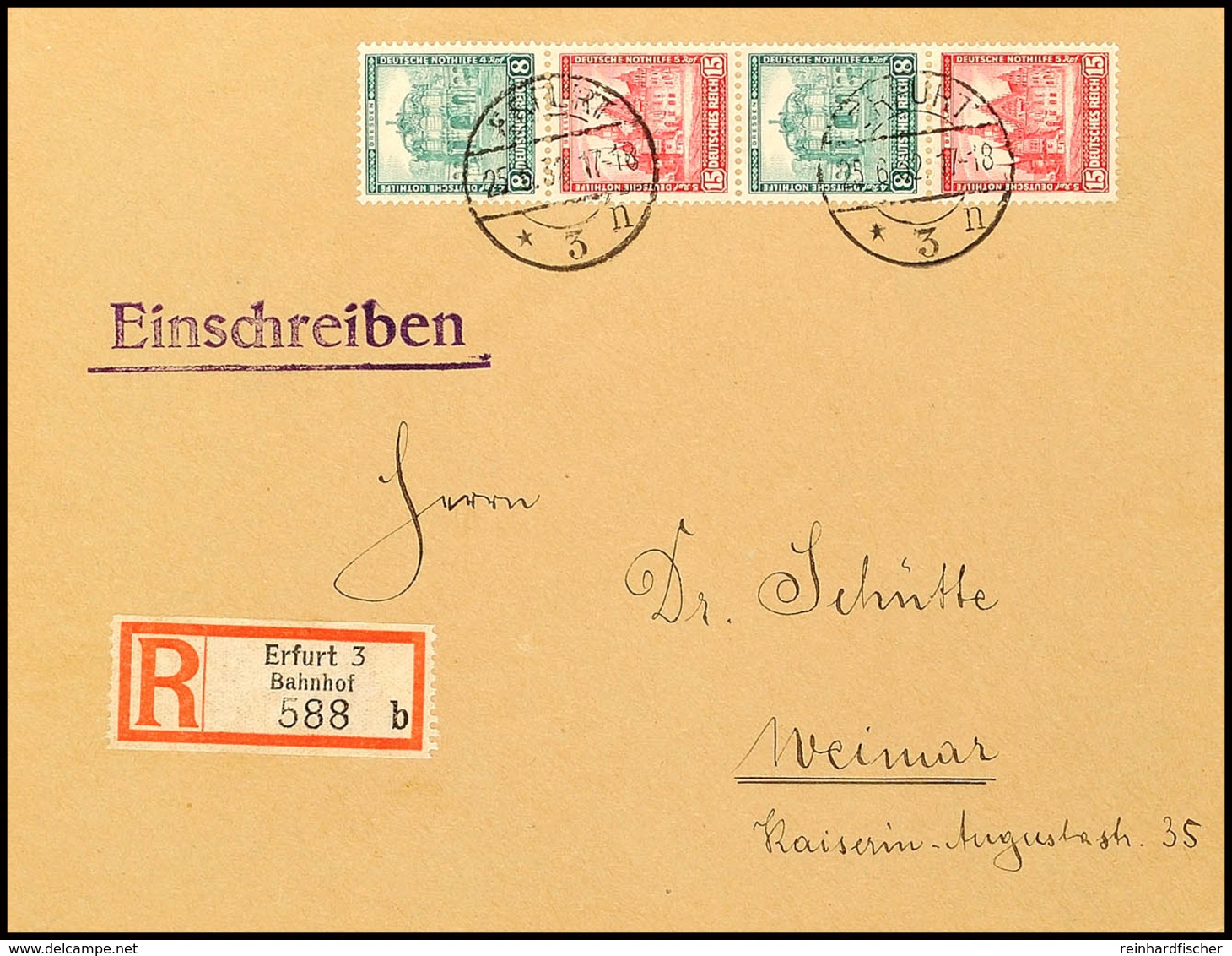 8+15+8+15 Pfg Nothilfe 1931, Senkr. 4er-Streifen Auf R-Brief Von ERFURT 25.6.32 Nach Weimar (1 Pf. überfrankiert), Katal - Andere & Zonder Classificatie