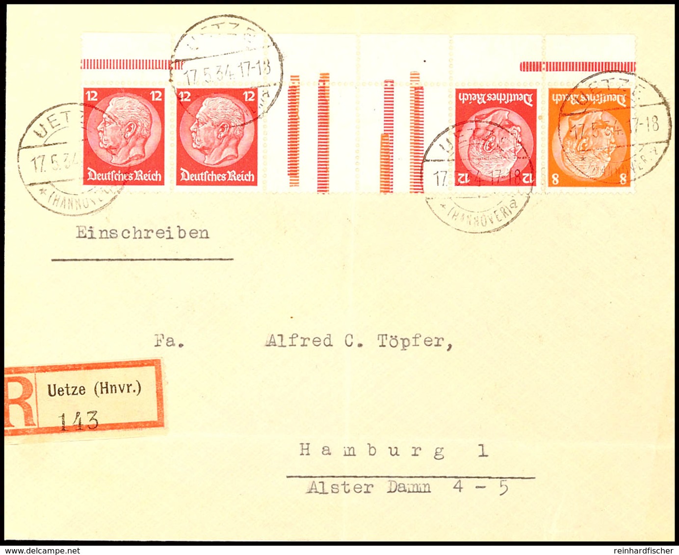 8+12+Z+Z+12+12 Pf. Hindenburg 1933, Wz. Waffeln, Vom Unteren Bogenrand (mittig Gefaltet), Fast Portorichtig (2 Pf. überf - Andere & Zonder Classificatie