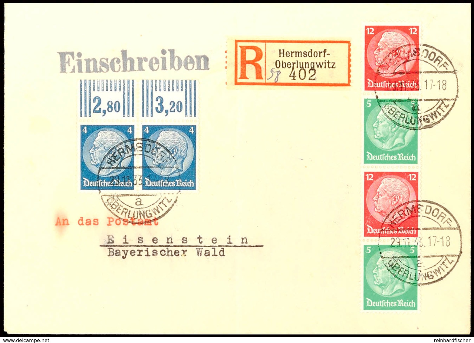 12+5+12+5 Pf. Hindenburg 1933, Wz. Waffeln, Senkr. Mit Oberrandpaar 4 Pfg Hindenburg (Nr. 514) Portorichtig Auf R-Brief  - Andere & Zonder Classificatie