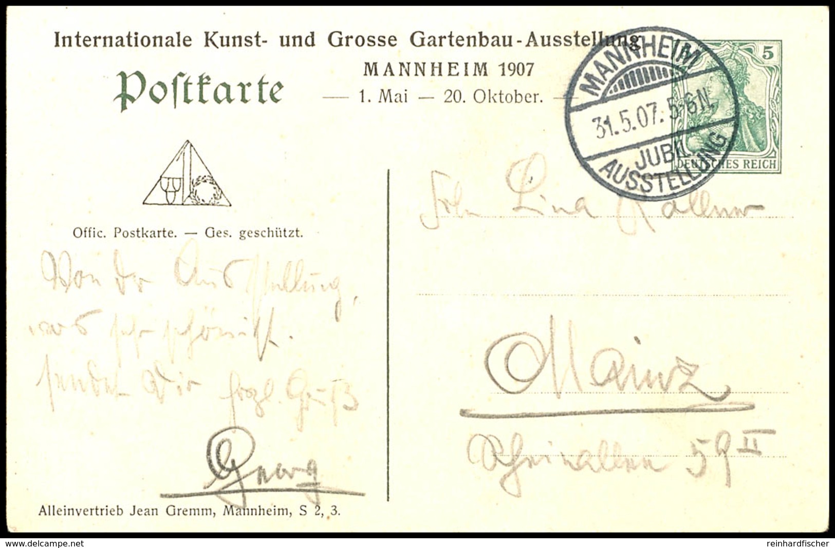 1907, "Mannheim, Jubiläums-Ausstellung, Internationale Kunst- Und Grosse Gartenbauausstellung", Vs. Dreizeiliger Anlasst - Andere & Zonder Classificatie