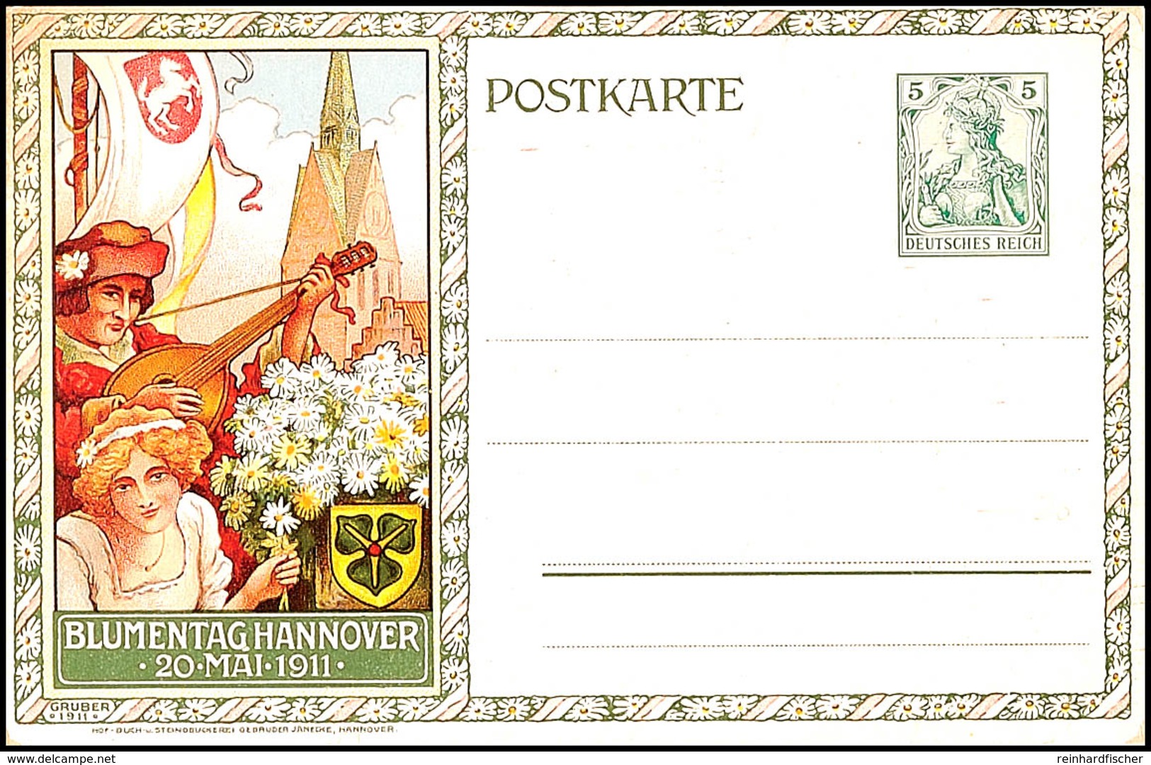 1911, 5 Pfg Privat-GS-Postkarte, Blumentag Hannover 1911, Abb. Mandolinenspieler U. Blumenfee, Ungebraucht, Katalog: PP2 - Andere & Zonder Classificatie